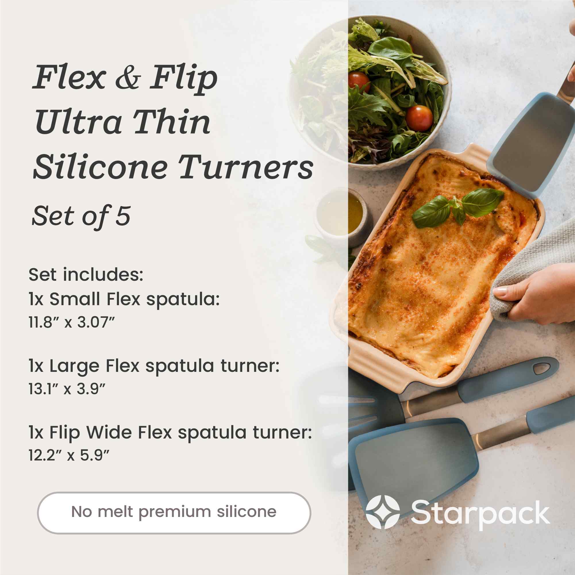 Starpack 3-piece flex turner set with flexible, heat-resistant silicone heads and comfortable handles, ideal for flipping and serving a variety of dishes.