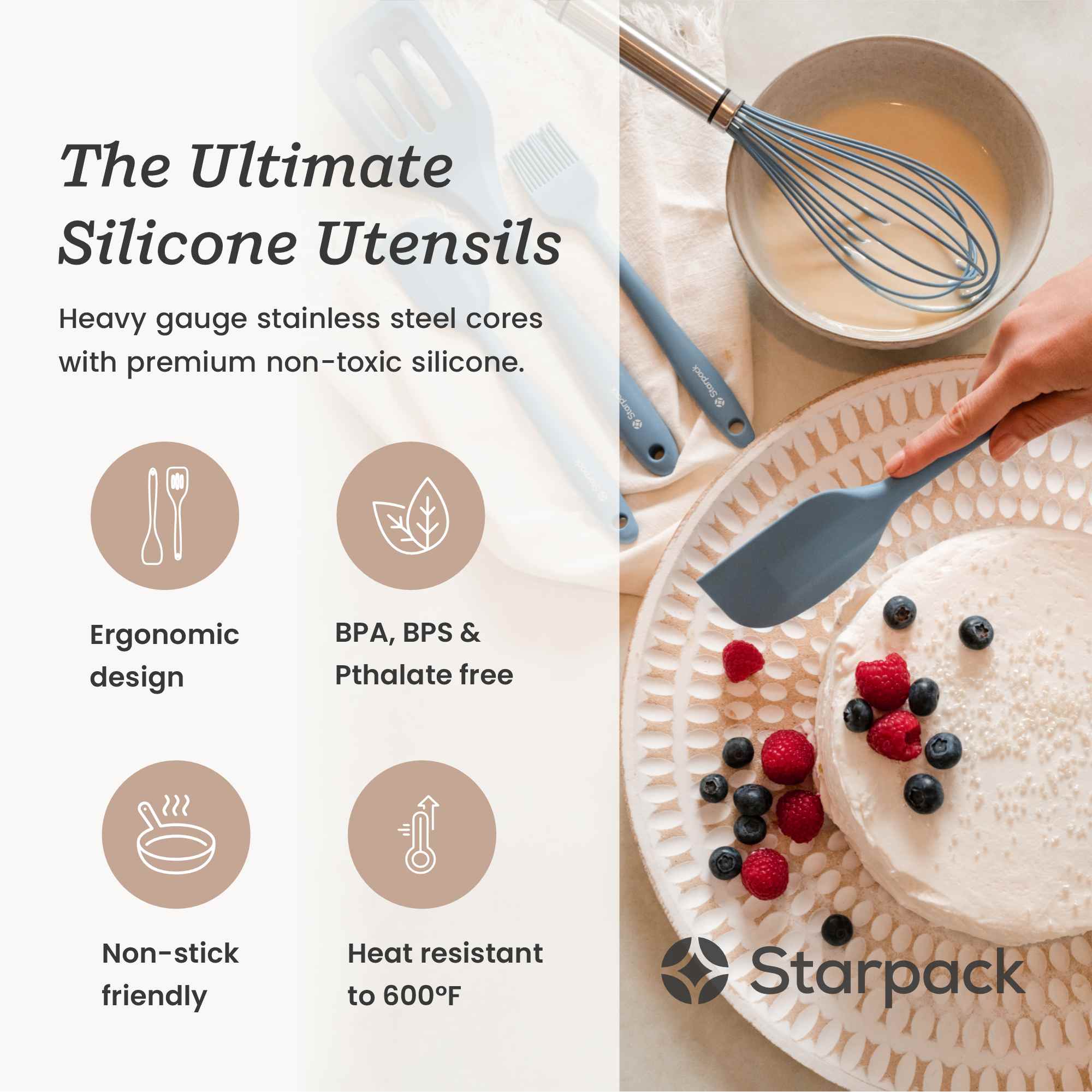 Starpack 5-piece silicone baking utensils set, including spatulas and a whisk, with heat-resistant heads and sturdy handles, perfect for all your baking needs.