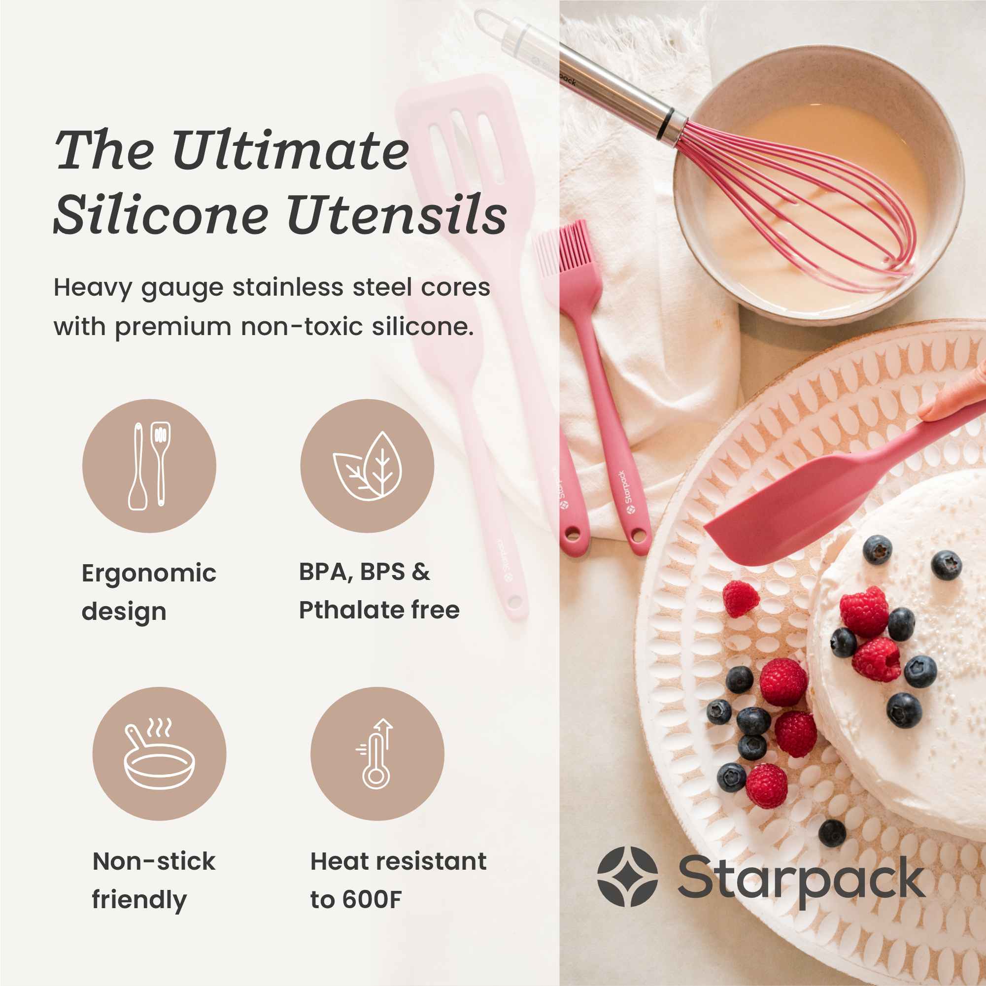 Starpack 5-piece silicone baking utensils set, including spatulas and a whisk, with heat-resistant heads and sturdy handles, perfect for all your baking needs.