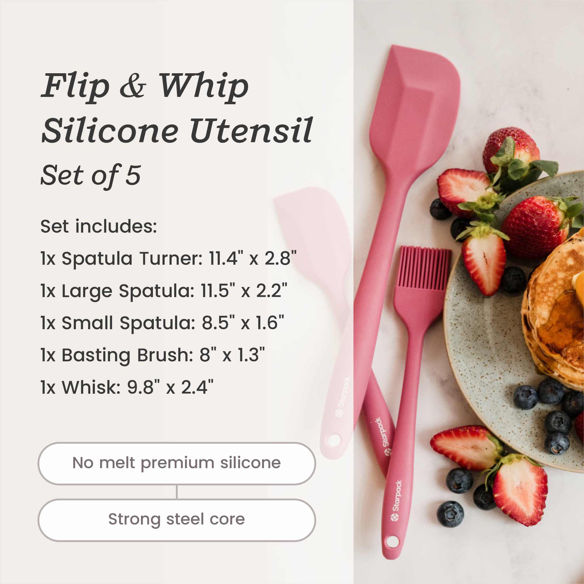 Starpack 5-piece silicone baking utensils set, including spatulas and a whisk, with heat-resistant heads and sturdy handles, perfect for all your baking needs.