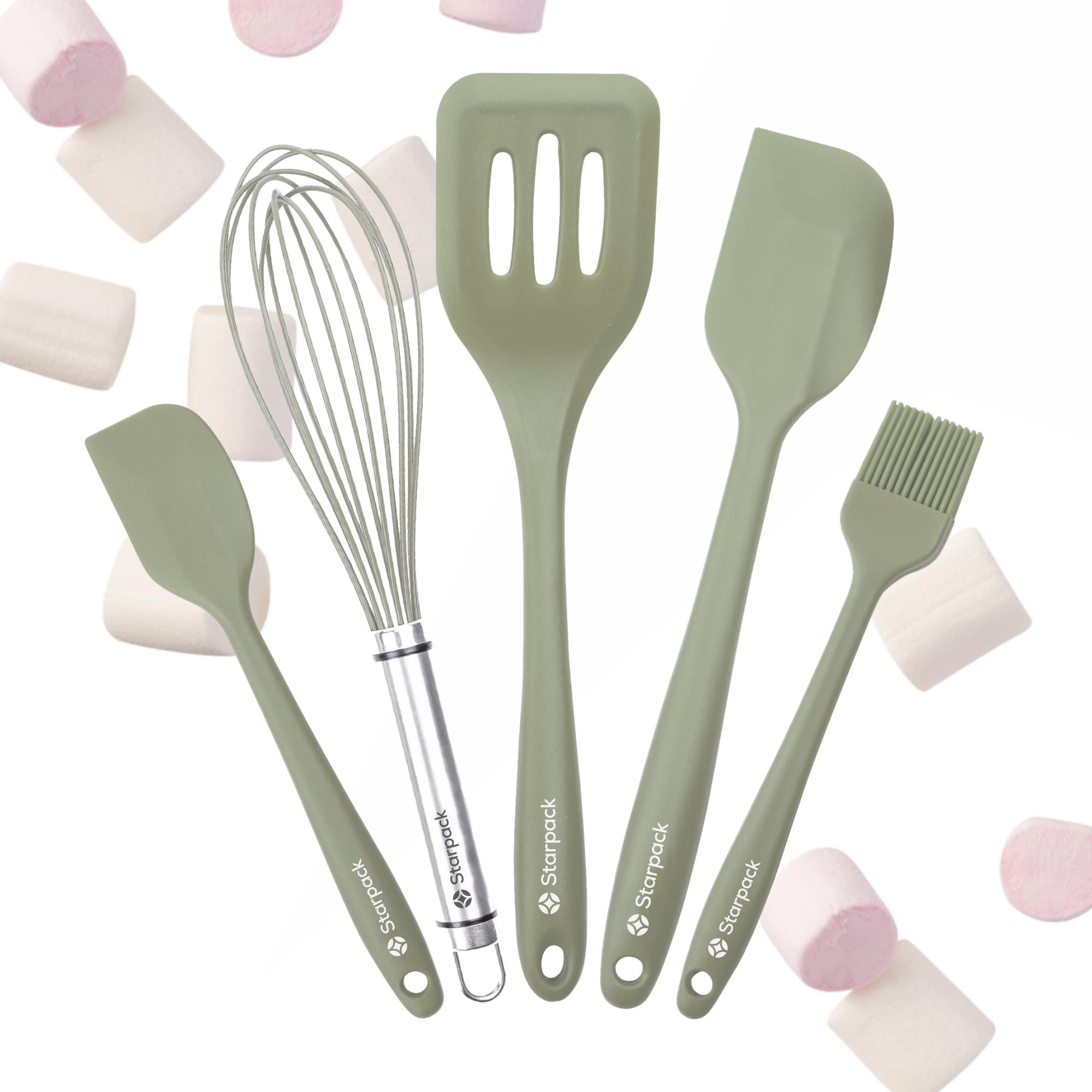 Starpack 5-piece silicone baking utensils set, including spatulas and a whisk, with heat-resistant heads and sturdy handles, perfect for all your baking needs.