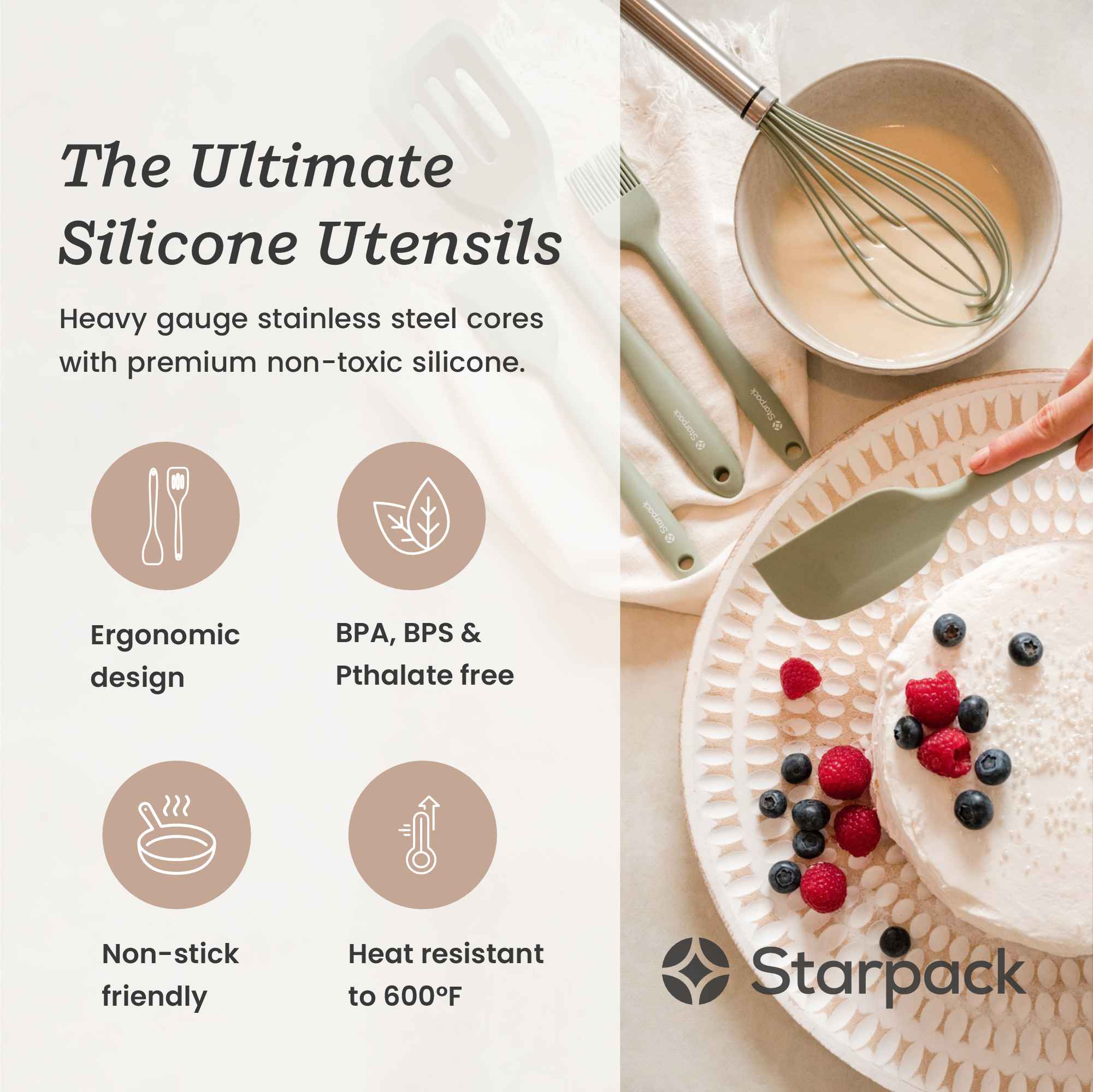 Starpack 5-piece silicone baking utensils set, including spatulas and a whisk, with heat-resistant heads and sturdy handles, perfect for all your baking needs.