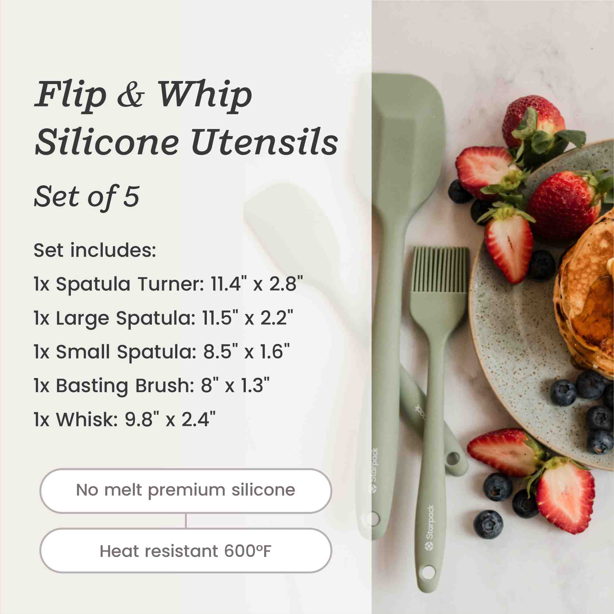 Starpack 5-piece silicone baking utensils set, including spatulas and a whisk, with heat-resistant heads and sturdy handles, perfect for all your baking needs.