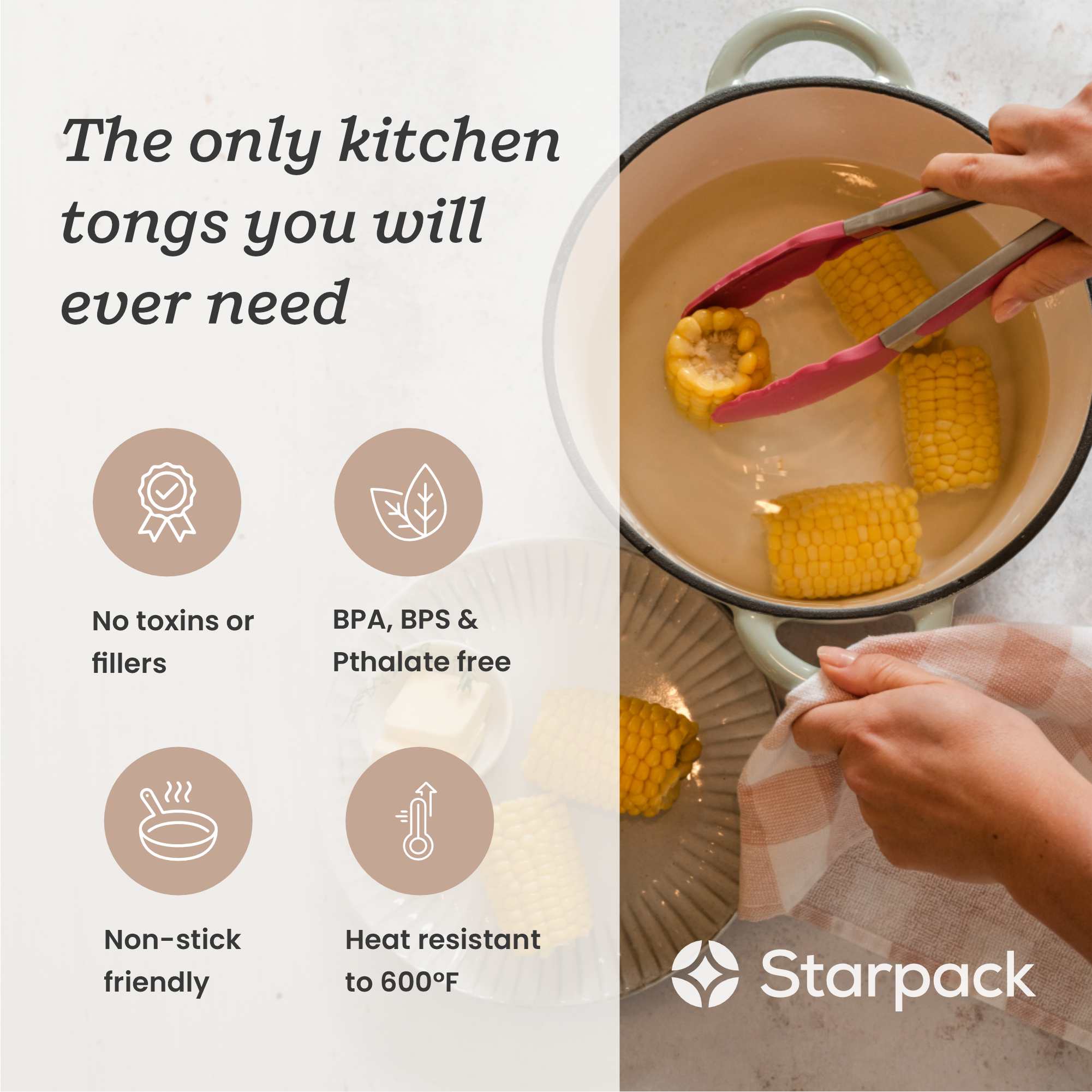 Starpack 9-inch silicone tongs with heat-resistant tips and a locking mechanism, perfect for precise gripping and serving.