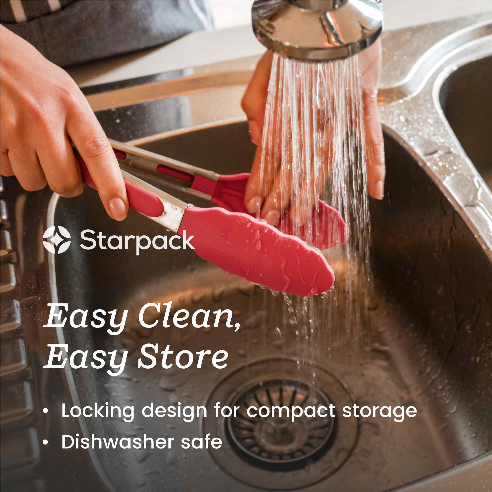 Starpack 9-inch silicone tongs with heat-resistant tips and a locking mechanism, perfect for precise gripping and serving.
