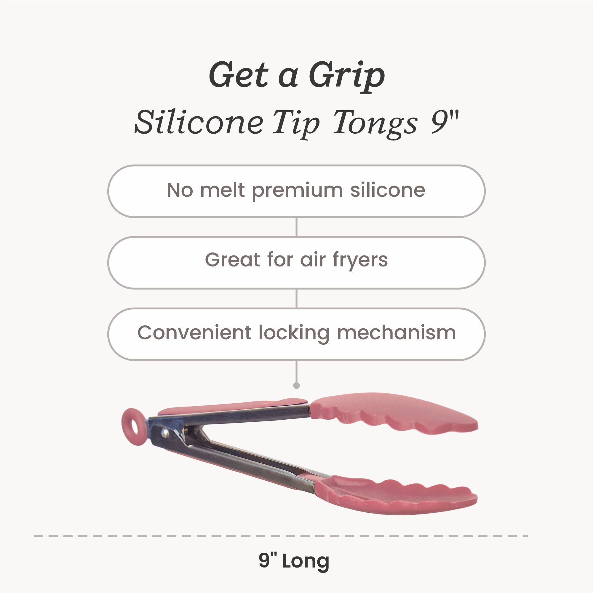 Starpack 9-inch silicone tongs with heat-resistant tips and a locking mechanism, perfect for precise gripping and serving.