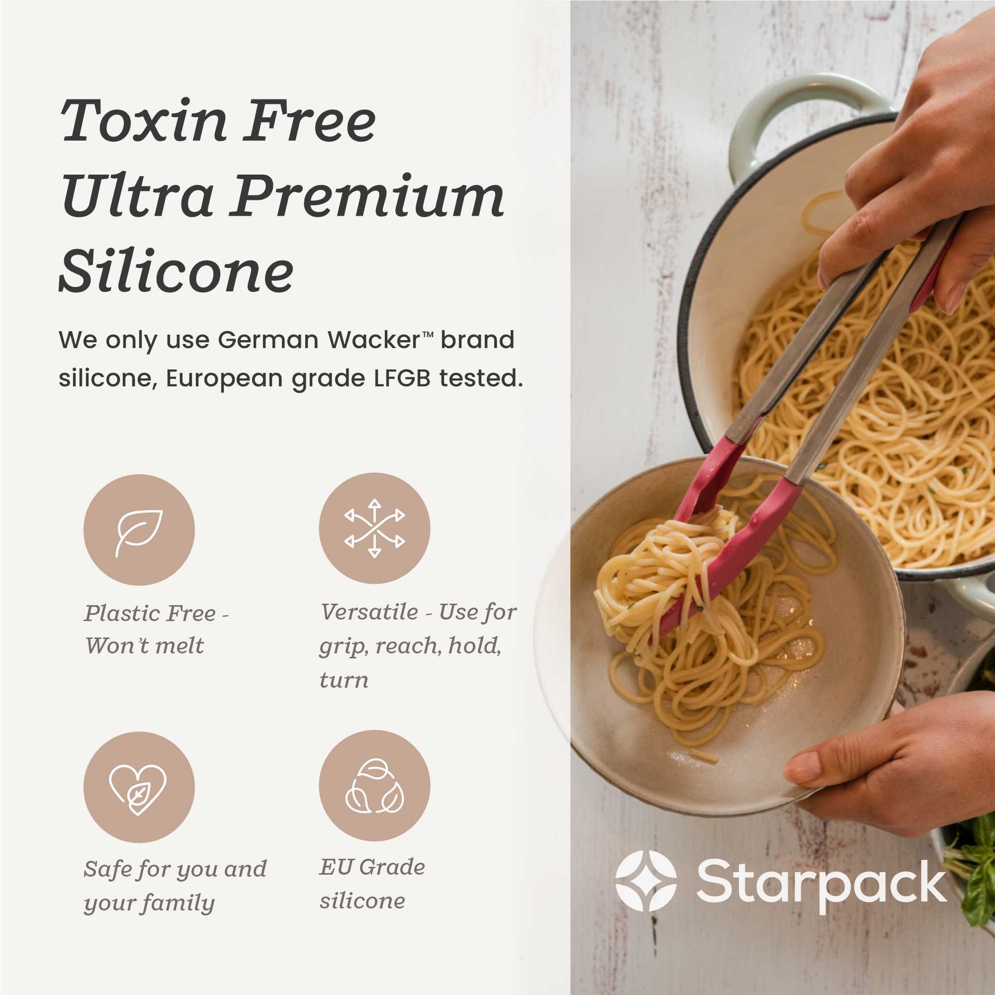 Starpack 9-inch silicone tongs with heat-resistant tips and a locking mechanism, perfect for precise gripping and serving.