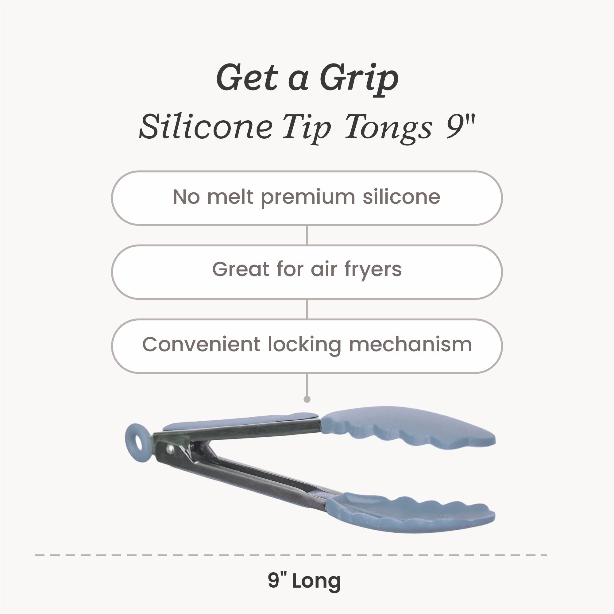 Starpack 9-inch silicone tongs with heat-resistant tips and a locking mechanism, perfect for precise gripping and serving.