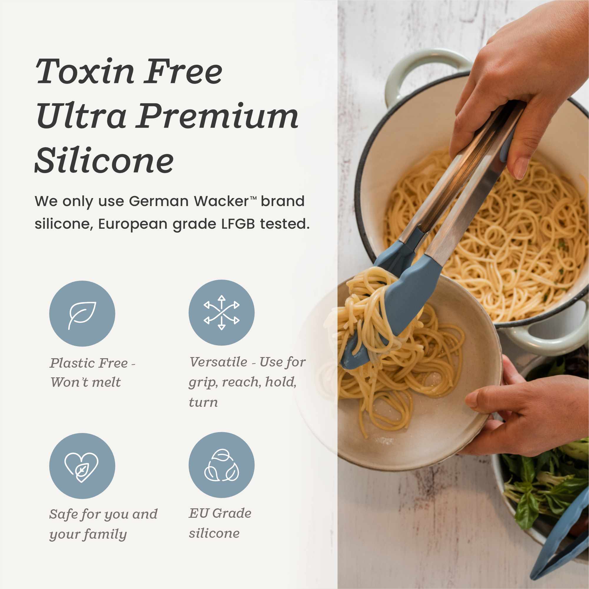 Starpack 9-inch silicone tongs with heat-resistant tips and a locking mechanism, perfect for precise gripping and serving.