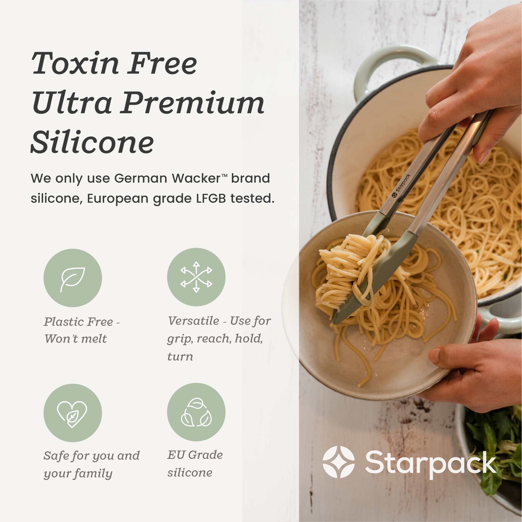 Starpack 9-inch silicone tongs with heat-resistant tips and a locking mechanism, perfect for precise gripping and serving.
