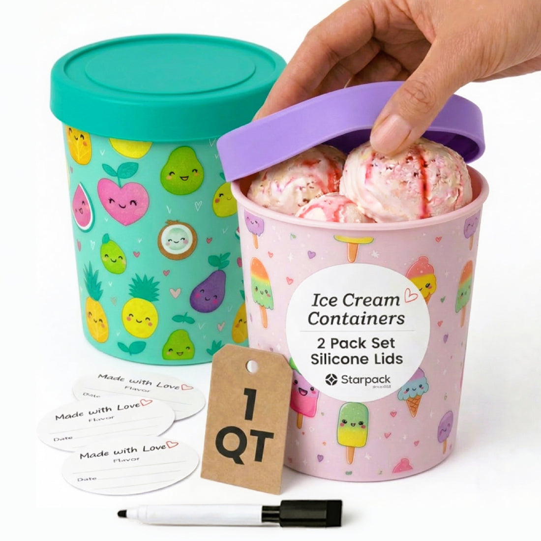 Freeze the Day | Ice Cream Freezer Container 1Qt Set of 2 - Purple & Green | Purple / Green