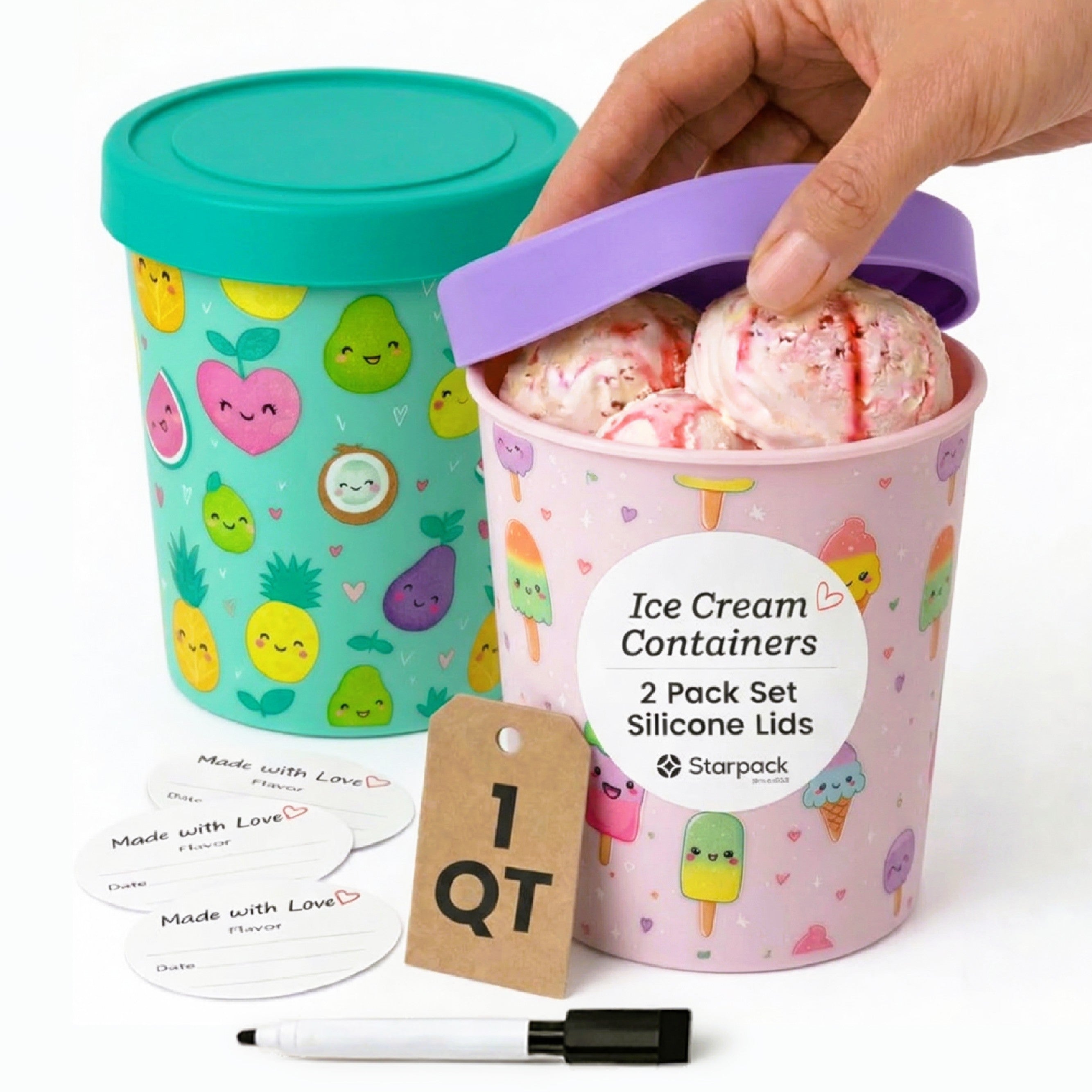 Freeze the Day | Ice Cream Freezer Container 1Qt Set of 2 - Purple & Green | Purple / Green