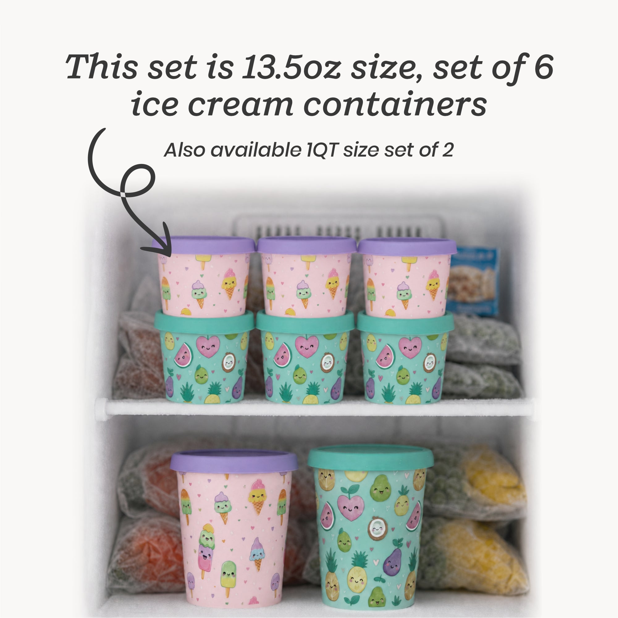 Freeze the Day | Ice Cream Freezer Container 13.5oz Set of 6 | Purple / Green