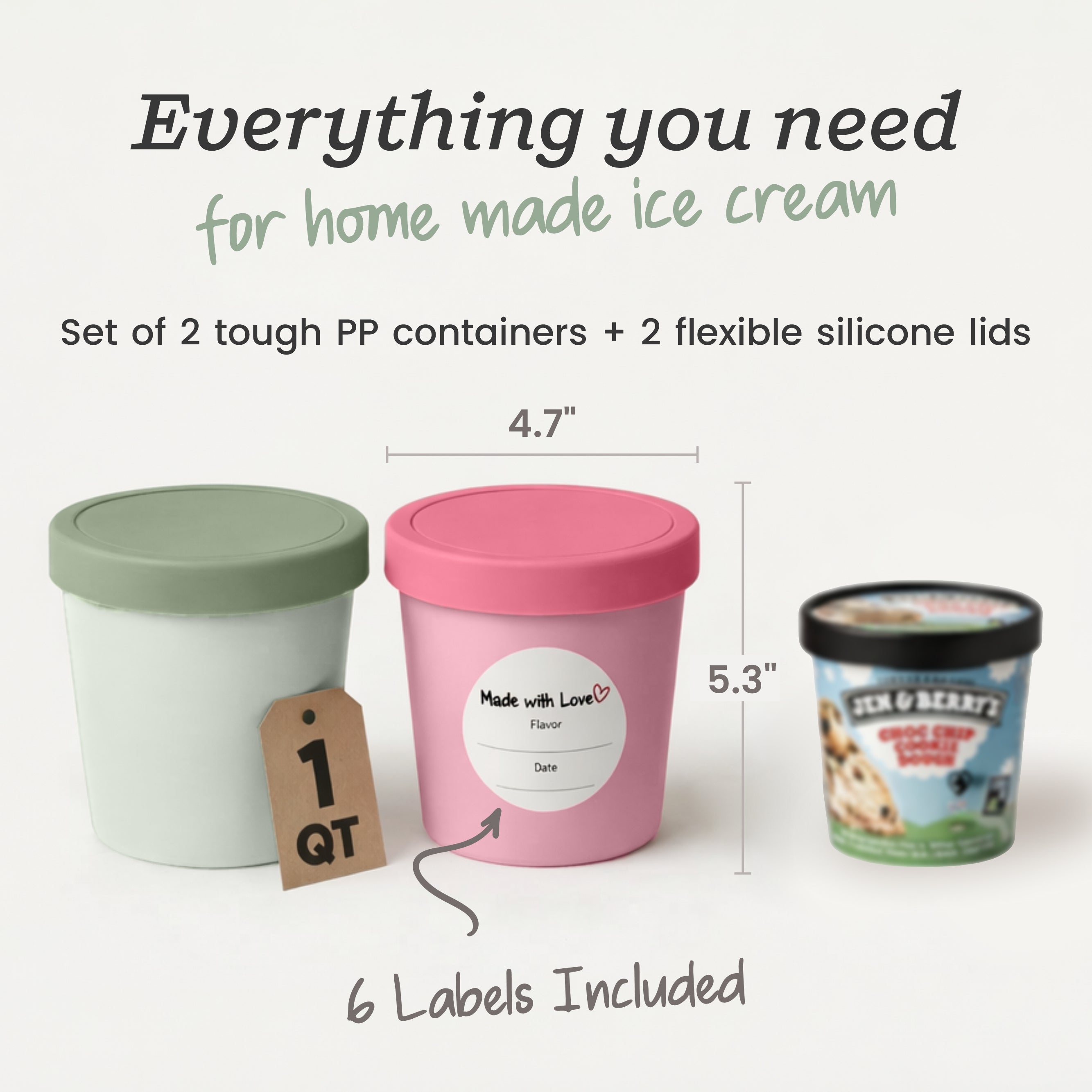 Freeze the Day | Ice Cream Freezer Lids 1Qt Set of 2 with Pens | Sage / Pink