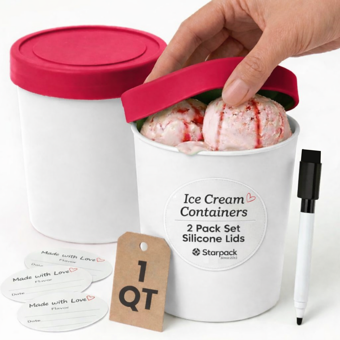 Freeze the Day | Ice Cream Freezer Lids 1Qt Set of 2 with Pens | White / Red