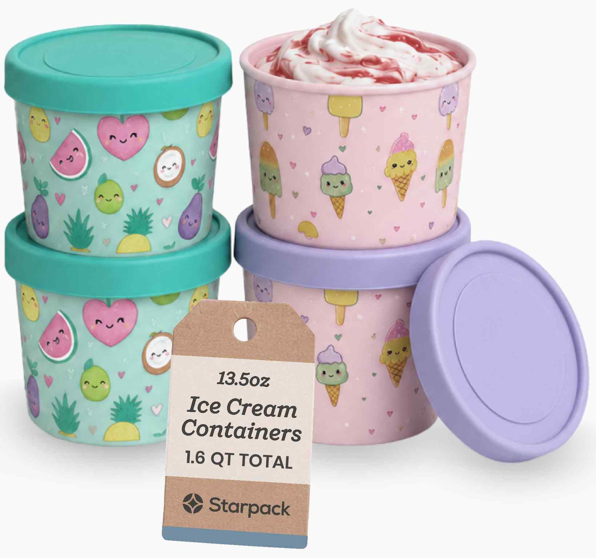 Freeze the Day | Ice Cream Freezer Container 13.5oz Set of 4 | Kawaii Pink & Green