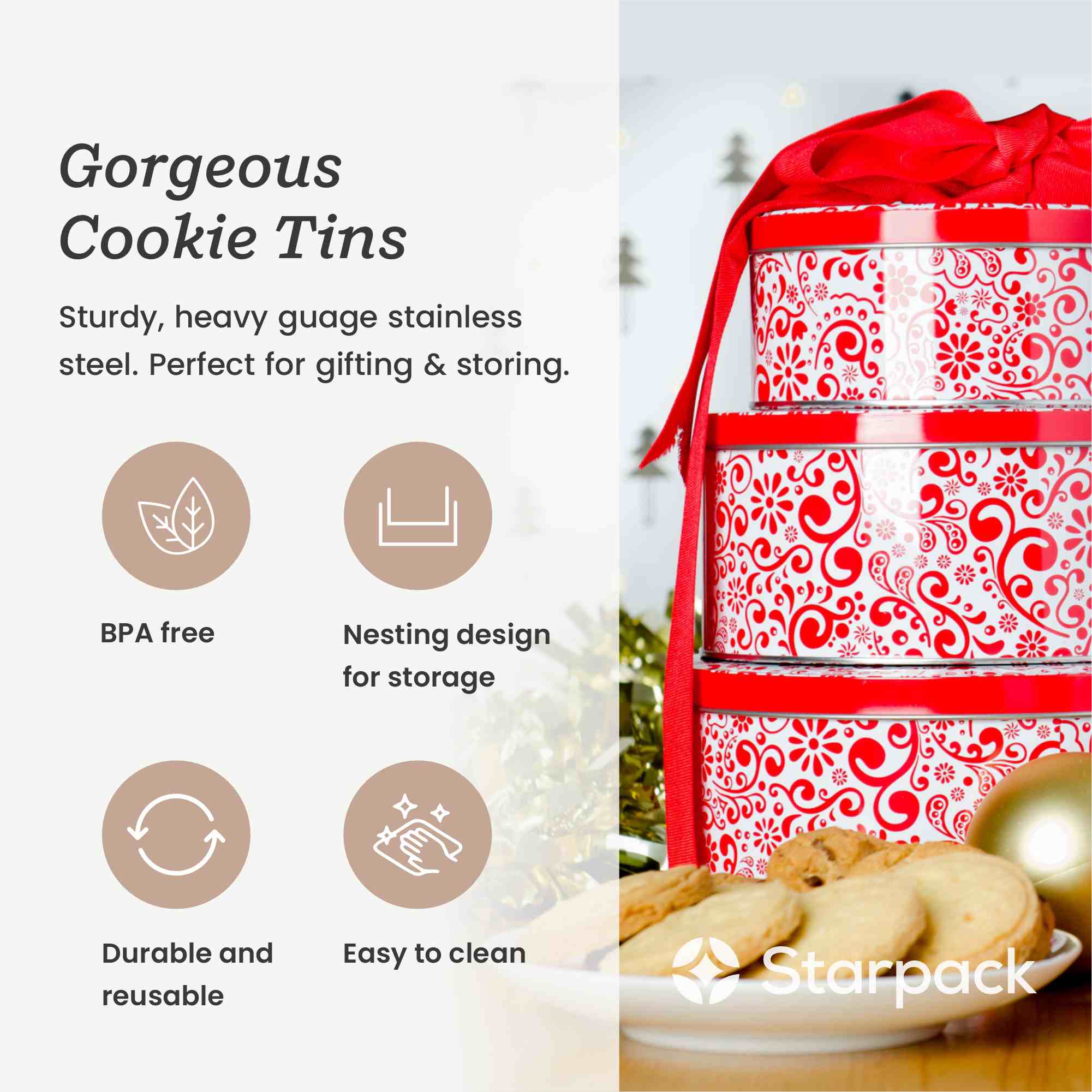 Starpack 3-pack cookie tins with festive designs, perfect for storing and gifting homemade cookies.
