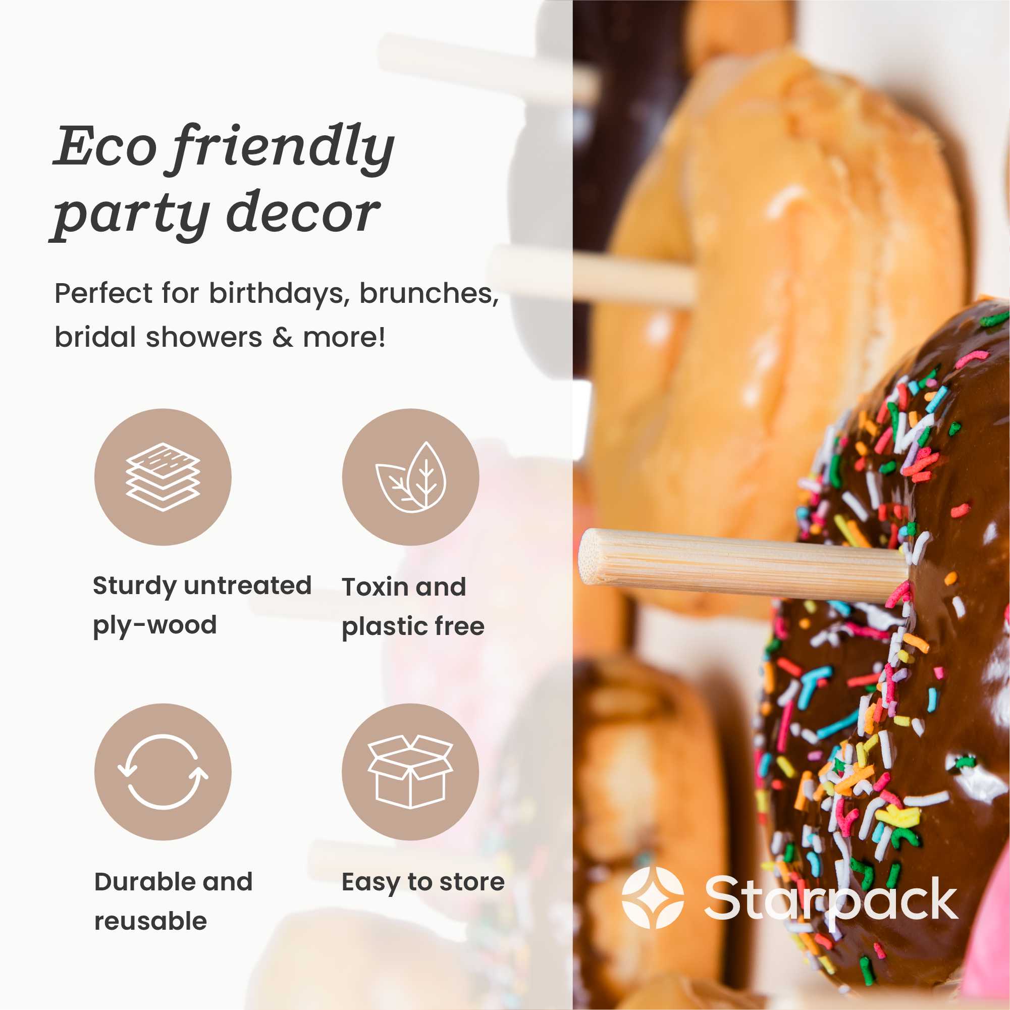 Starpack donut wall stand with multiple tiers, perfect for displaying and serving donuts at parties and events.