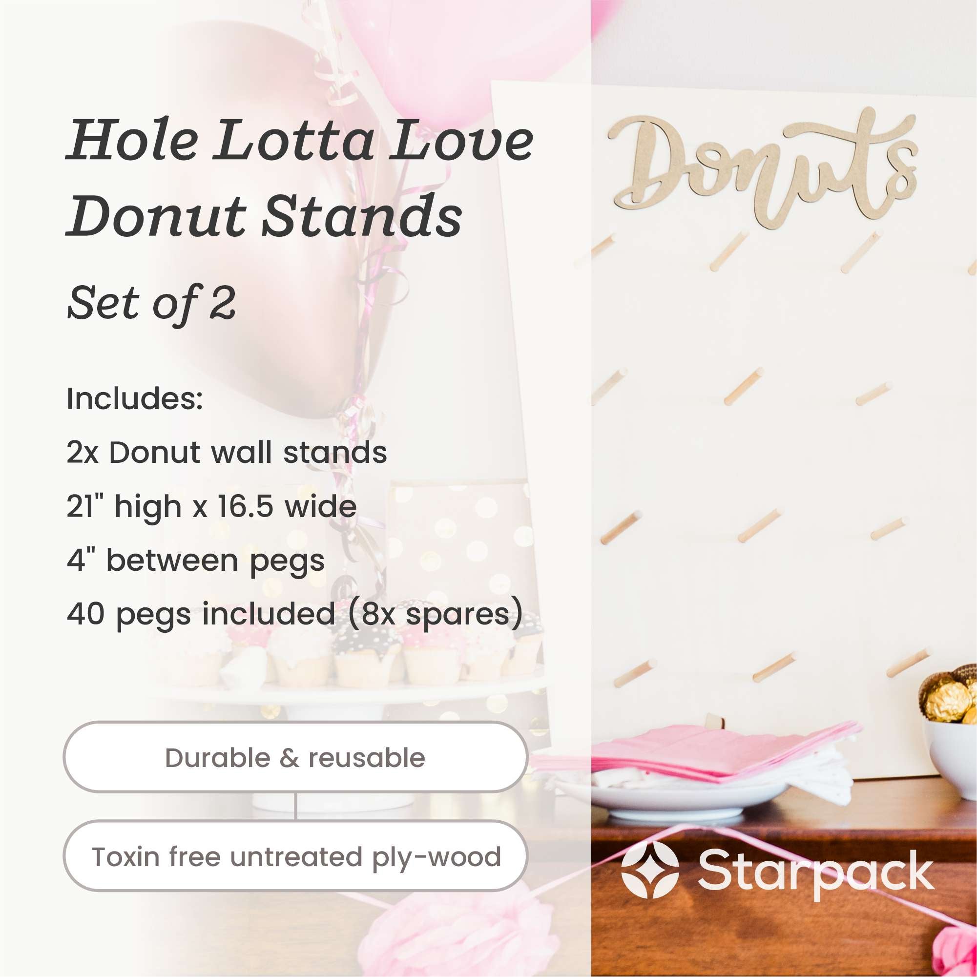 Starpack donut wall stand with multiple tiers, perfect for displaying and serving donuts at parties and events.