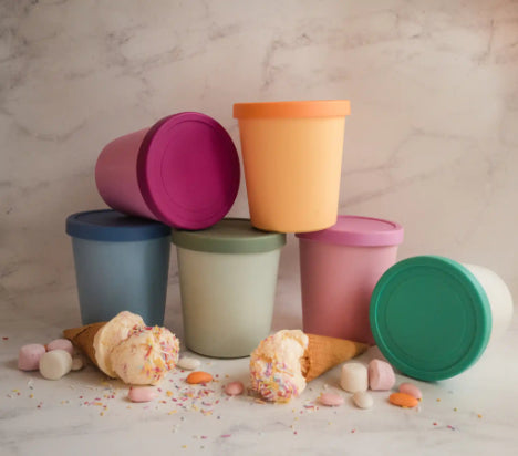 1Qt ice cream freezer storage containers from Starpack with colorful, stackable silicone lids, designed to be frost-free and leak-proof.