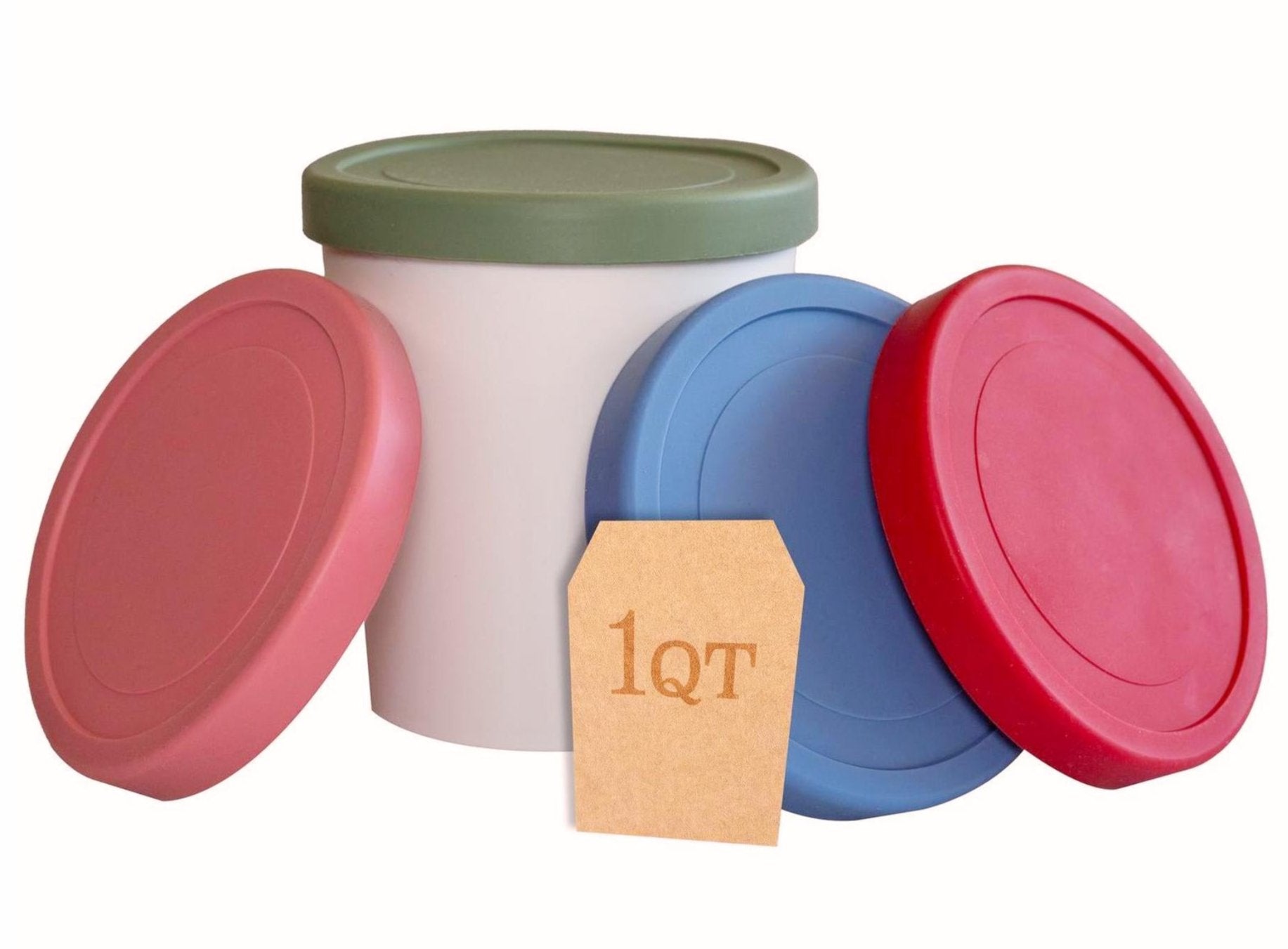 1Qt ice cream freezer storage containers from Starpack with colorful, stackable silicone lids, designed to be frost-free and leak-proof.
