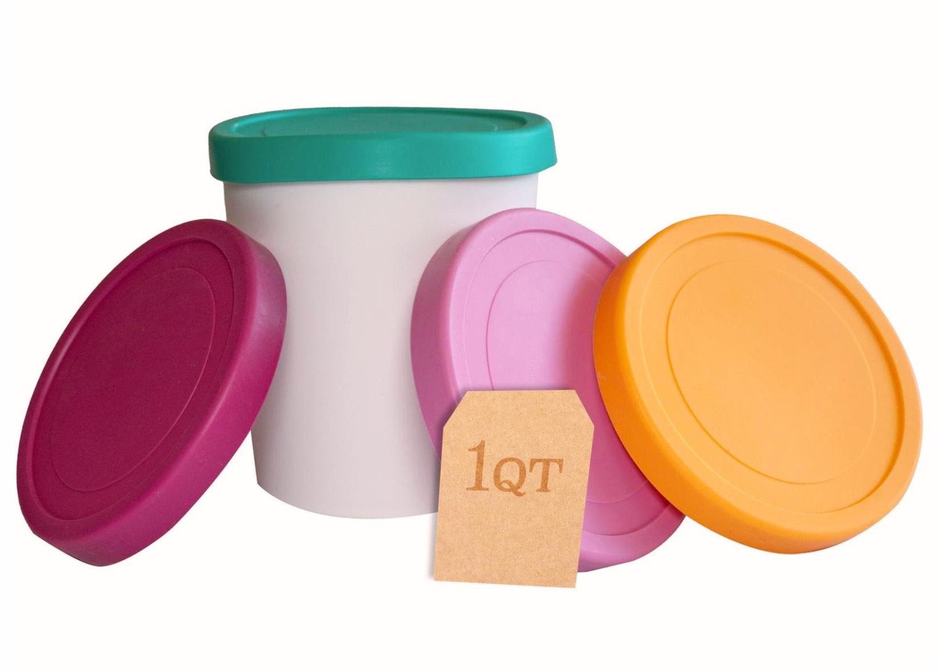 1Qt ice cream freezer storage containers from Starpack with colorful, stackable silicone lids, designed to be frost-free and leak-proof.