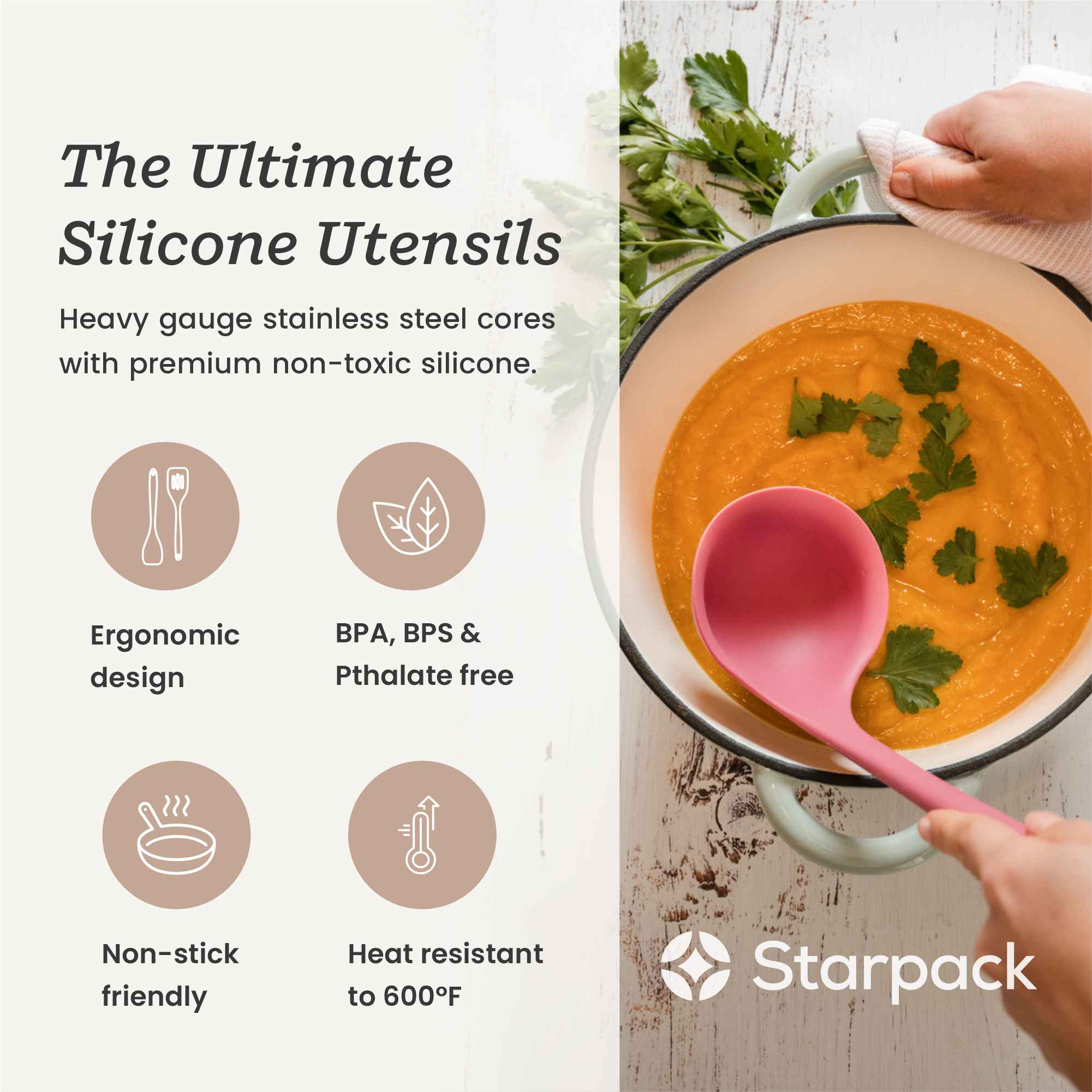 Starpack extra-large kitchen utensils set with silicone heads and sturdy handles, ideal for a variety of cooking tasks.