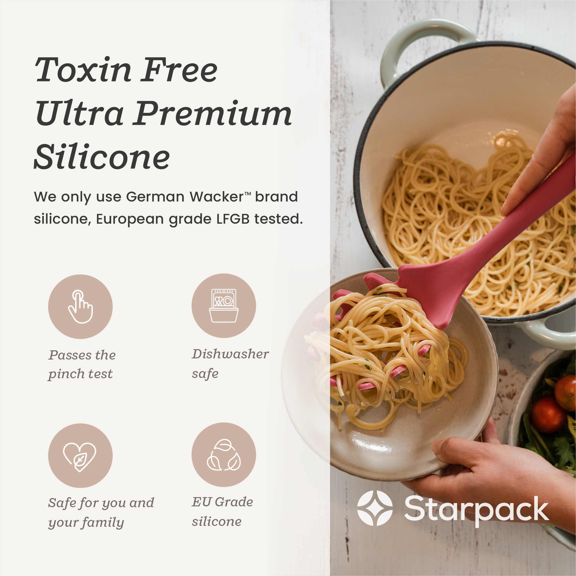 Starpack extra-large kitchen utensils set with silicone heads and sturdy handles, ideal for a variety of cooking tasks.