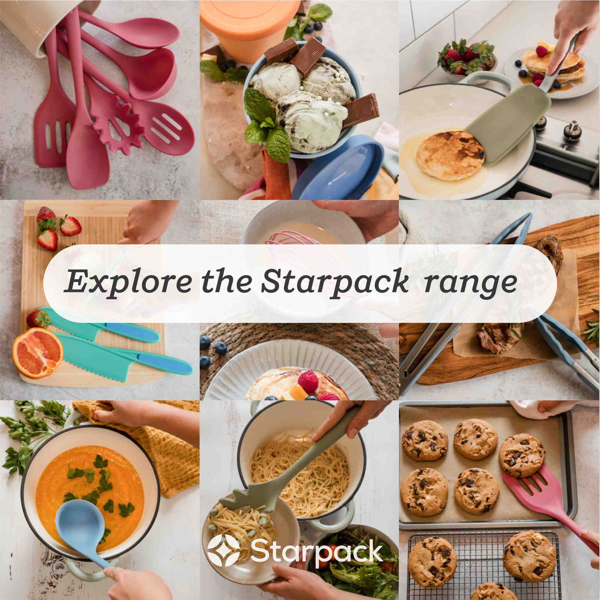 Starpack extra-large kitchen utensils set with silicone heads and sturdy handles, ideal for a variety of cooking tasks.