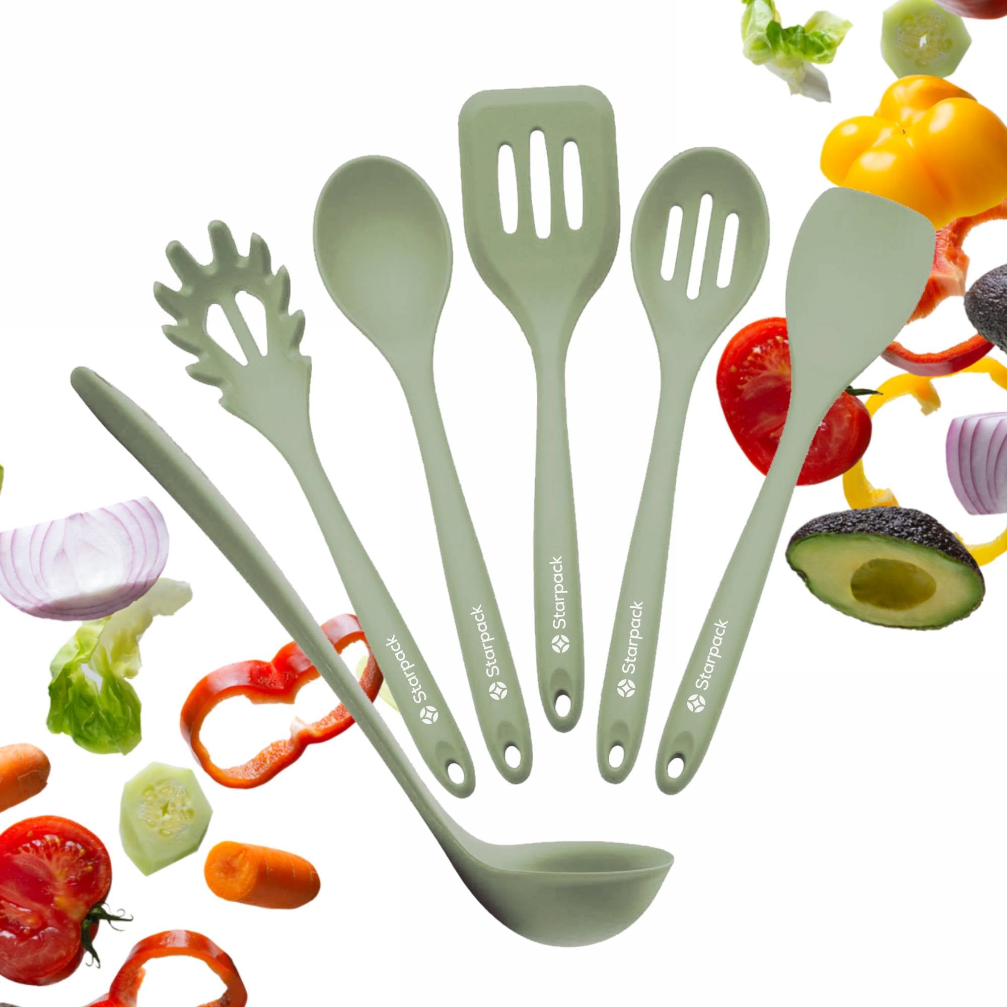 Starpack extra-large kitchen utensils set with silicone heads and sturdy handles, ideal for a variety of cooking tasks.