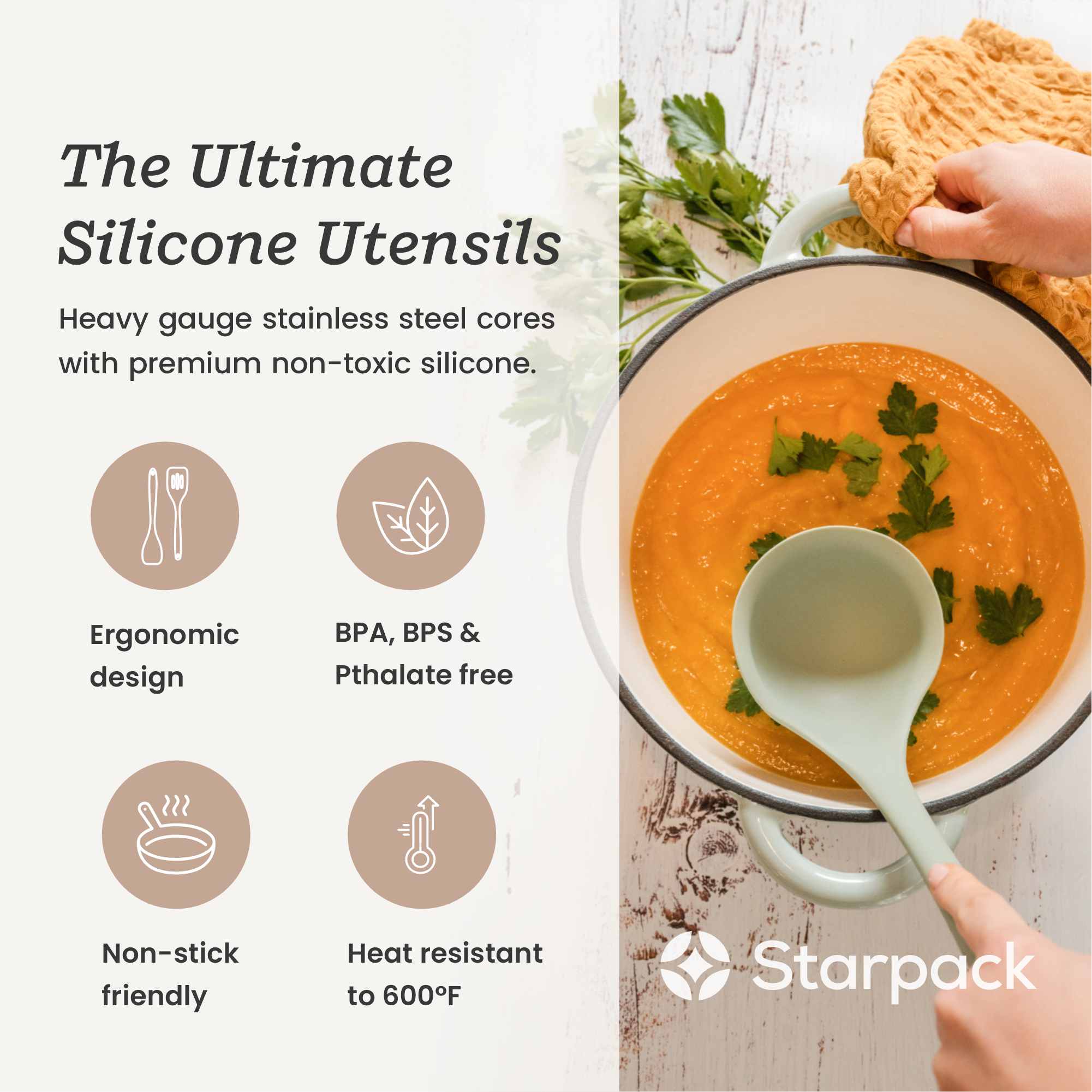 Starpack extra-large kitchen utensils set with silicone heads and sturdy handles, ideal for a variety of cooking tasks.