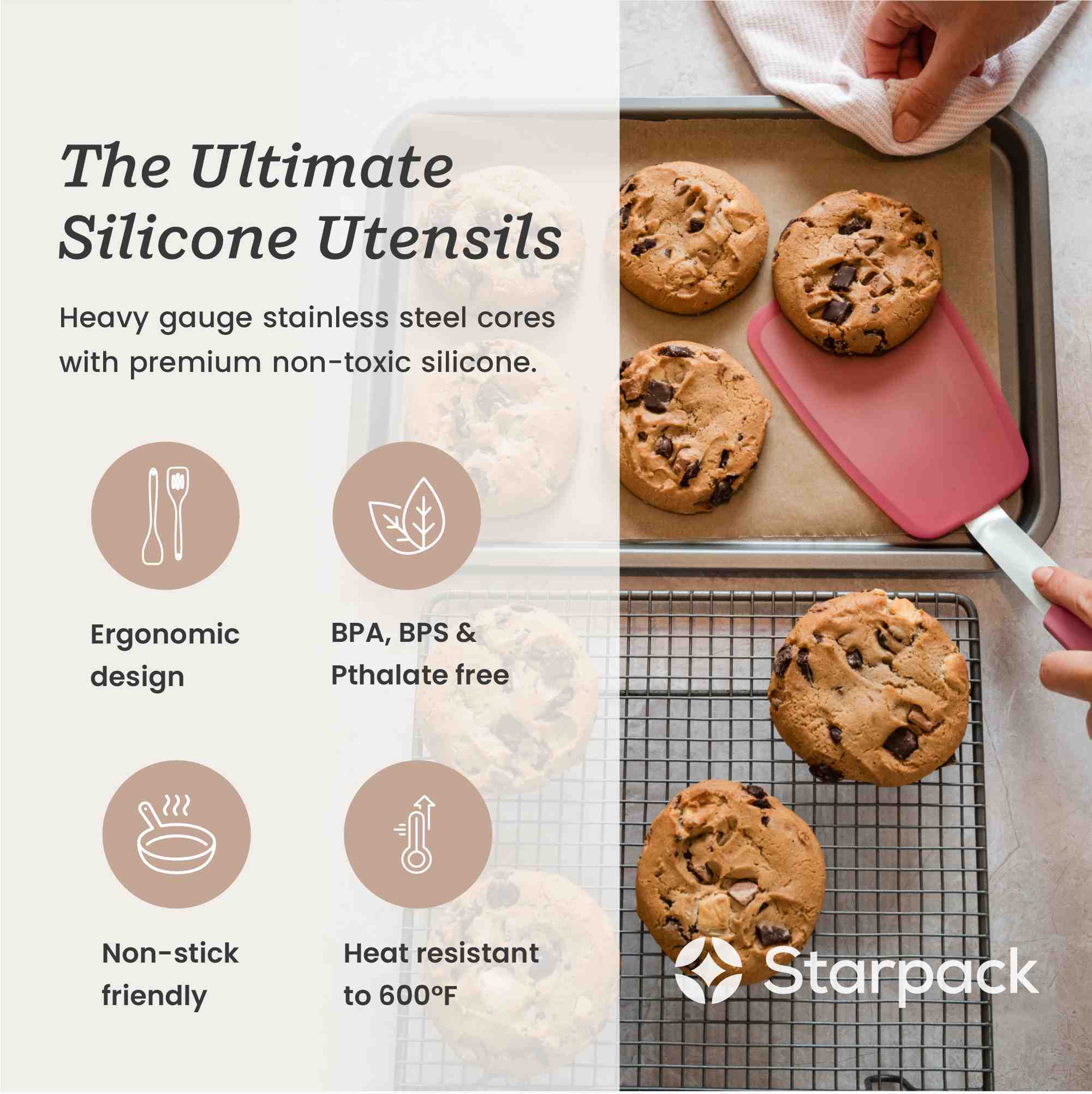 Starpack large flex turner with a flexible, heat-resistant silicone head and a sturdy handle, perfect for flipping and serving larger portions.