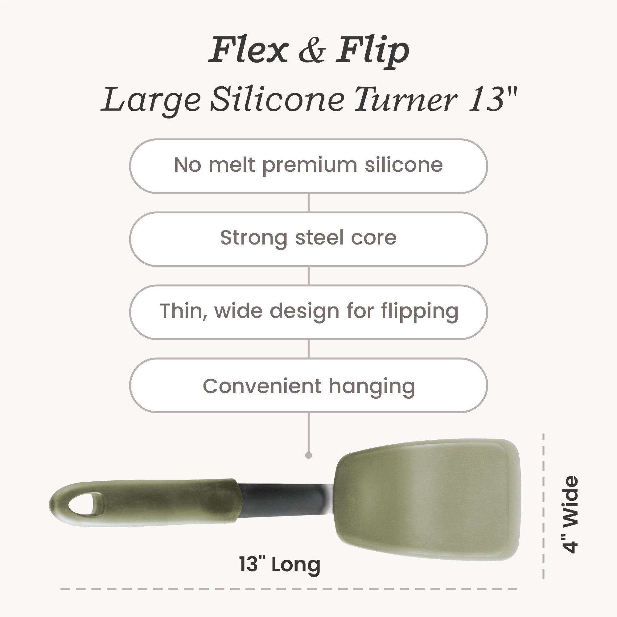 Starpack large flex turner with a flexible, heat-resistant silicone head and a sturdy handle, perfect for flipping and serving larger portions.