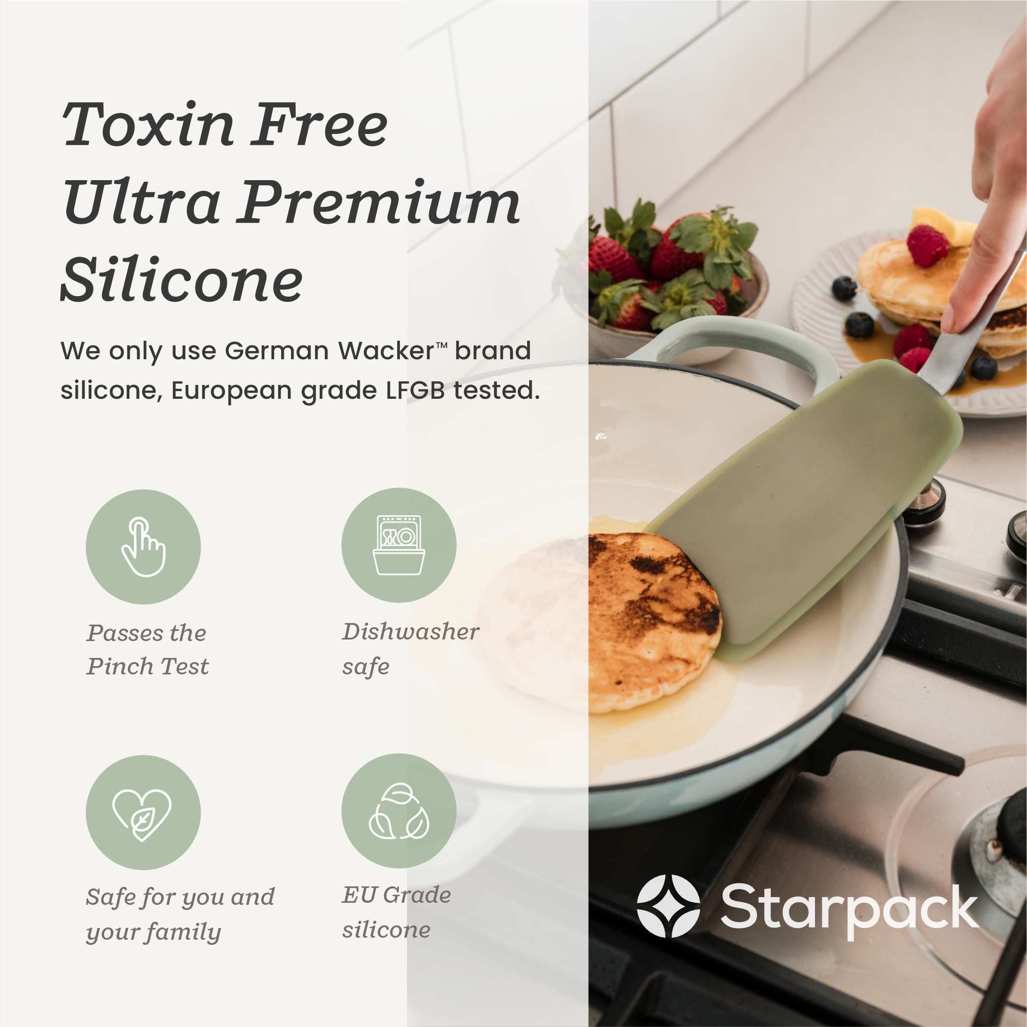 Starpack large flex turner with a flexible, heat-resistant silicone head and a sturdy handle, perfect for flipping and serving larger portions.