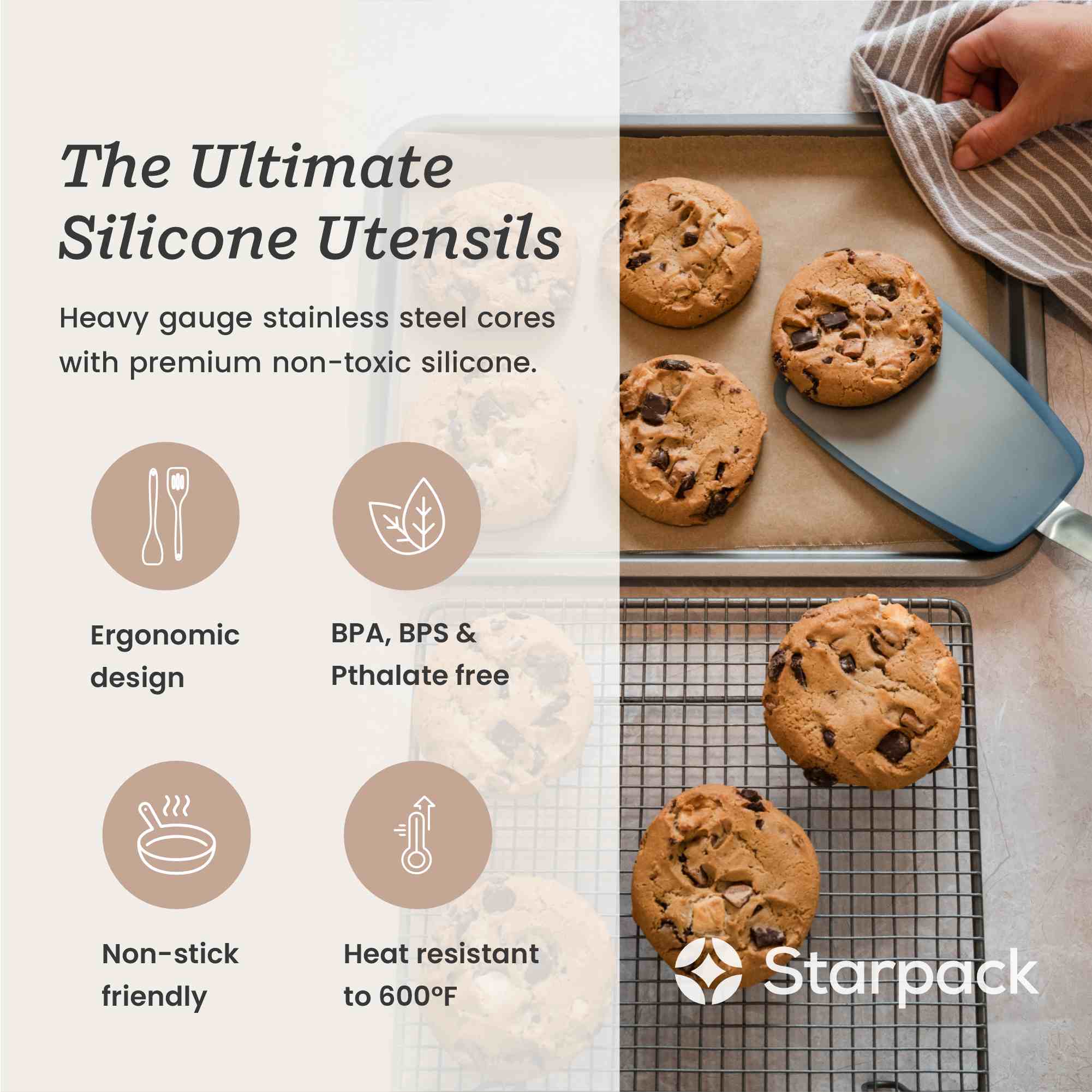 Starpack large flex turner with a flexible, heat-resistant silicone head and a sturdy handle, perfect for flipping and serving larger portions.