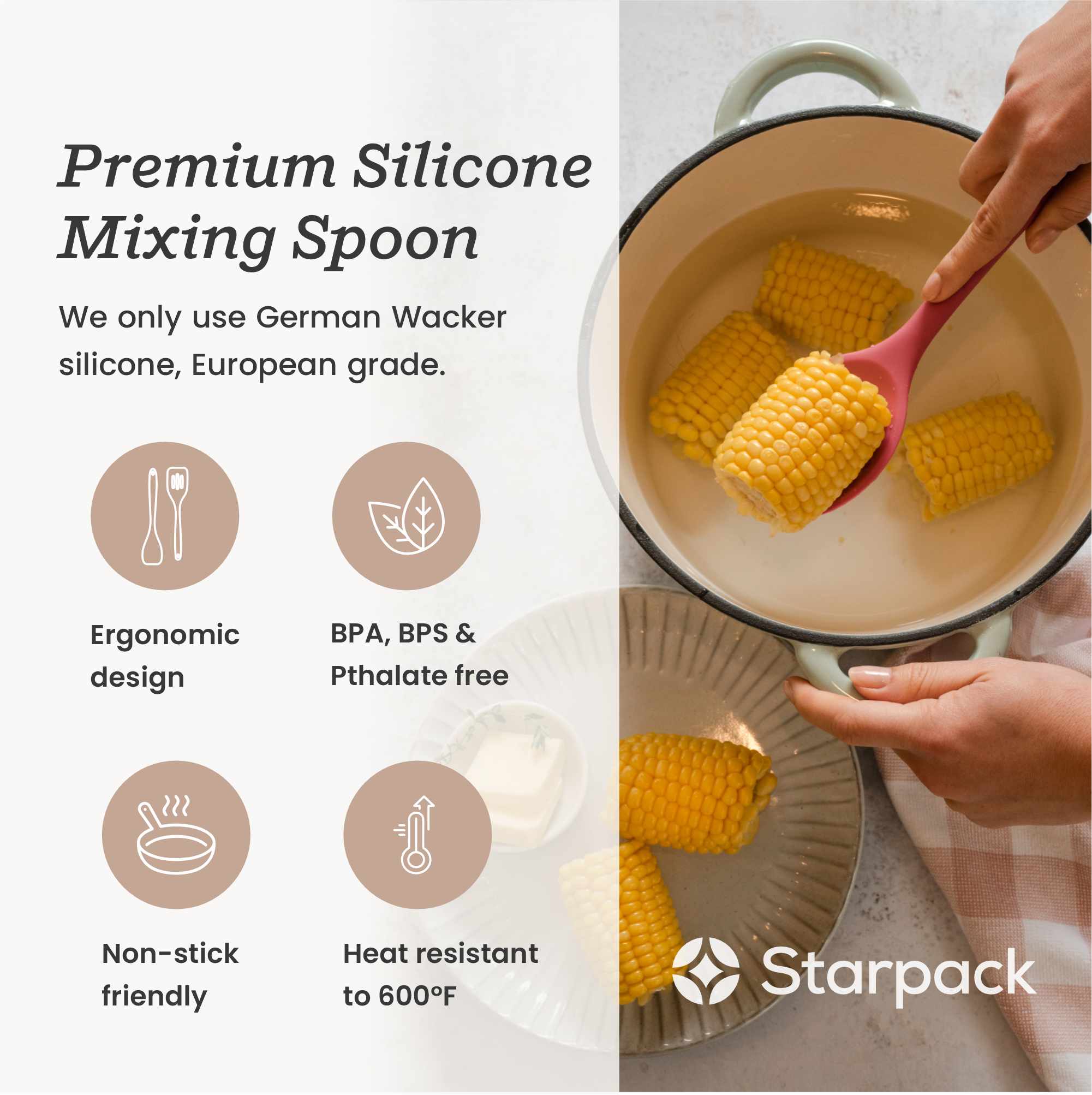 Starpack silicone mixing spoon with a flexible, non-stick head and a sturdy handle, designed for mixing and stirring ingredients.