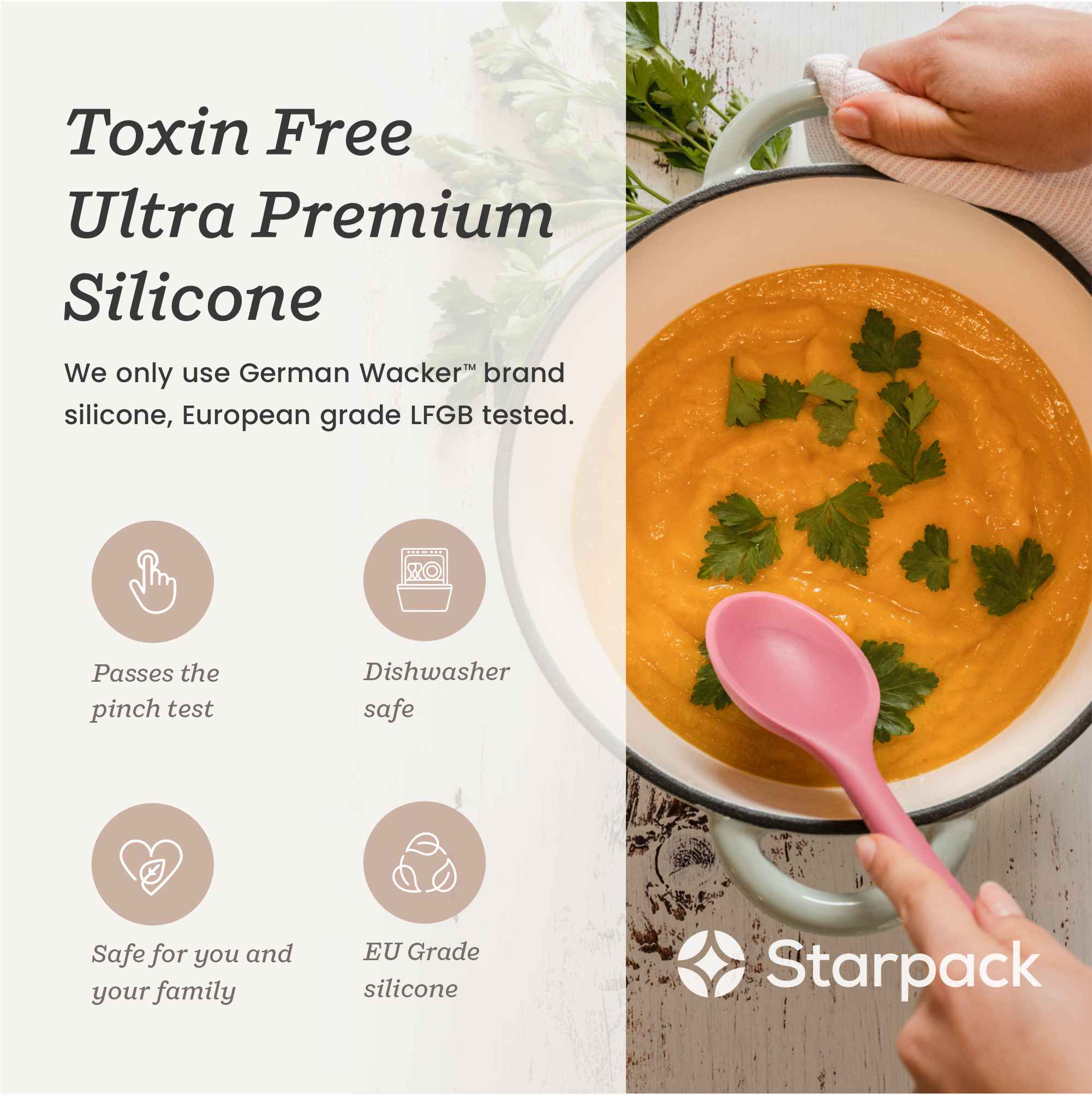 Starpack silicone mixing spoon with a flexible, non-stick head and a sturdy handle, designed for mixing and stirring ingredients.