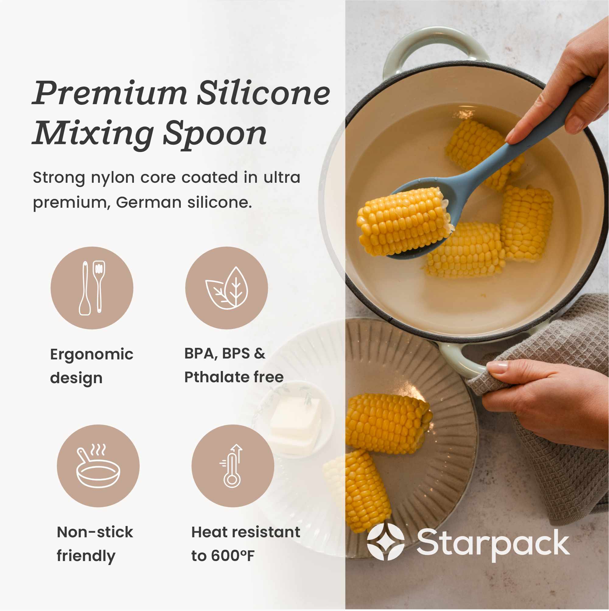 Starpack silicone mixing spoon with a flexible, non-stick head and a sturdy handle, designed for mixing and stirring ingredients.