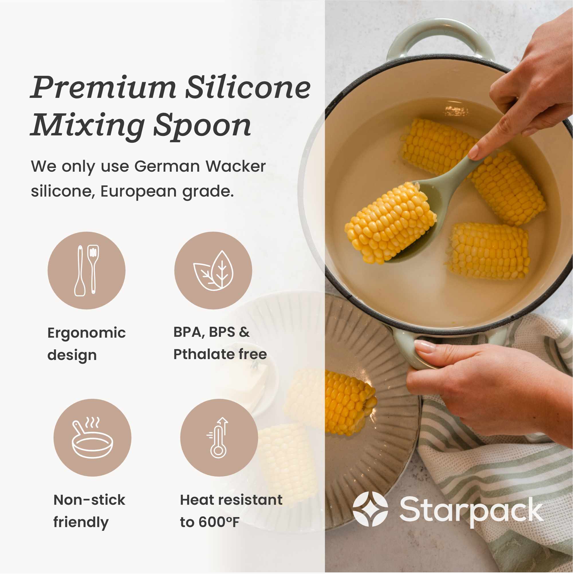 Starpack silicone mixing spoon with a flexible, non-stick head and a sturdy handle, designed for mixing and stirring ingredients.