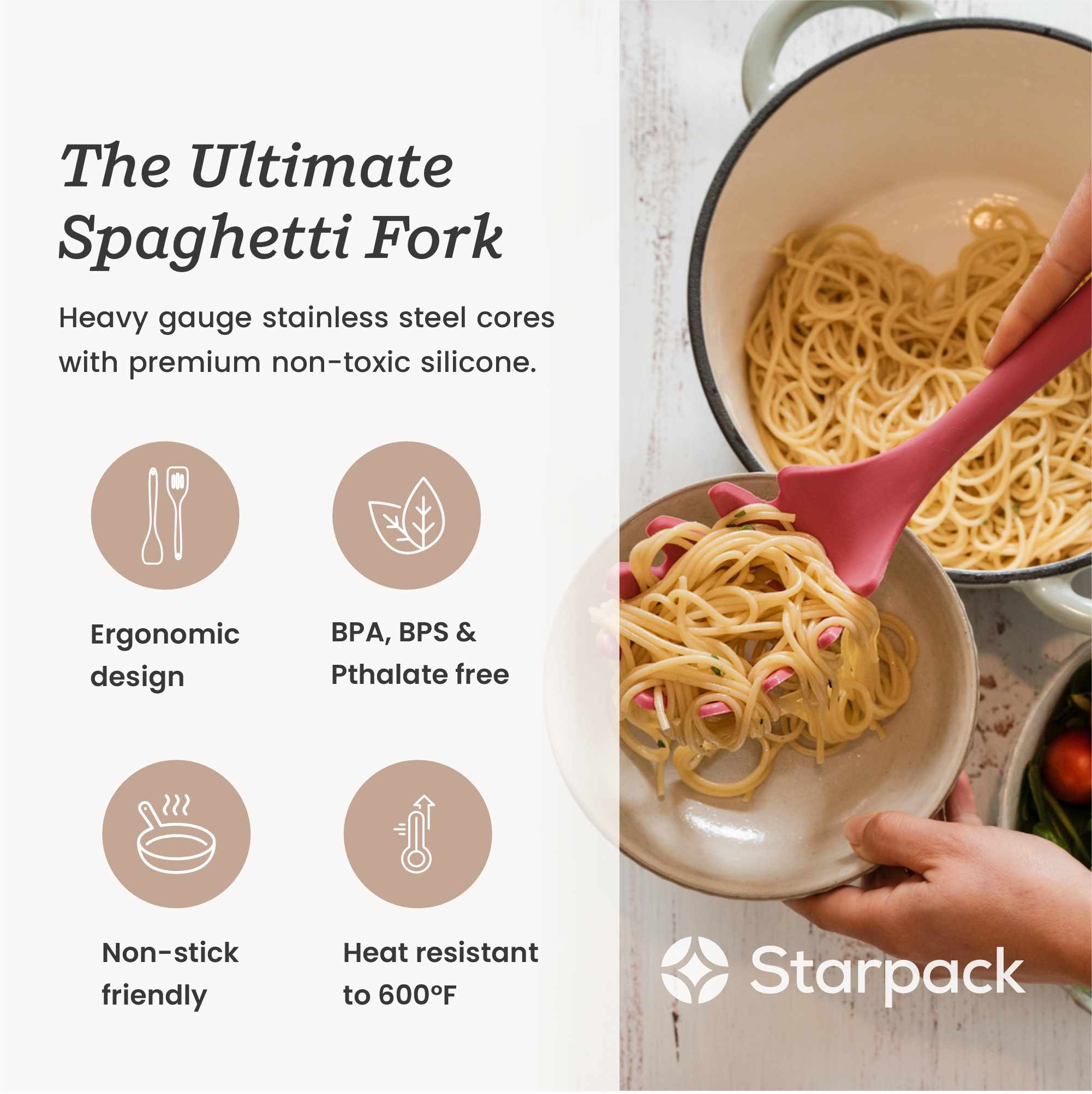 Starpack silicone pasta fork with long, flexible tines and a comfortable handle, perfect for serving and stirring pasta