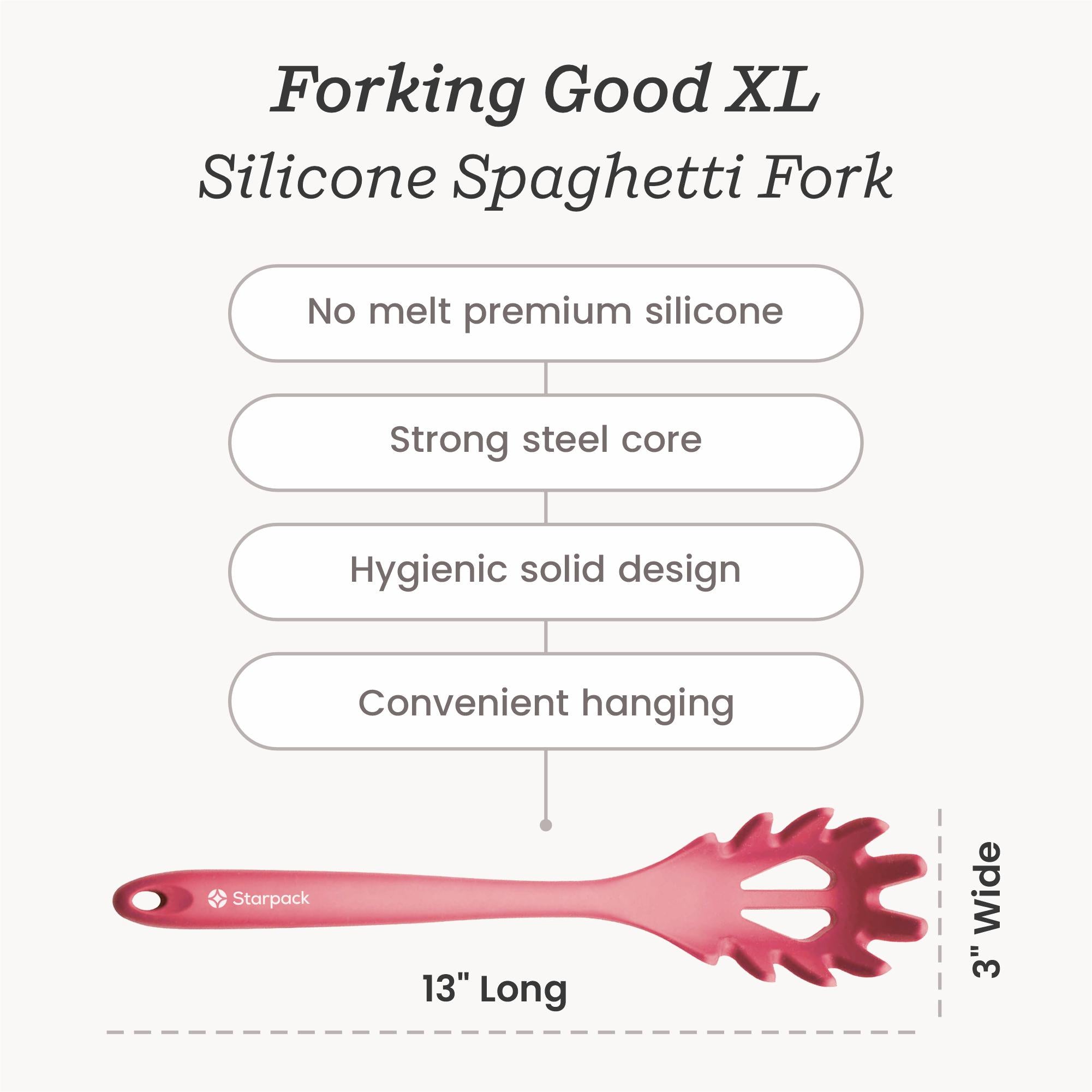 Starpack silicone pasta fork with long, flexible tines and a comfortable handle, perfect for serving and stirring pasta
