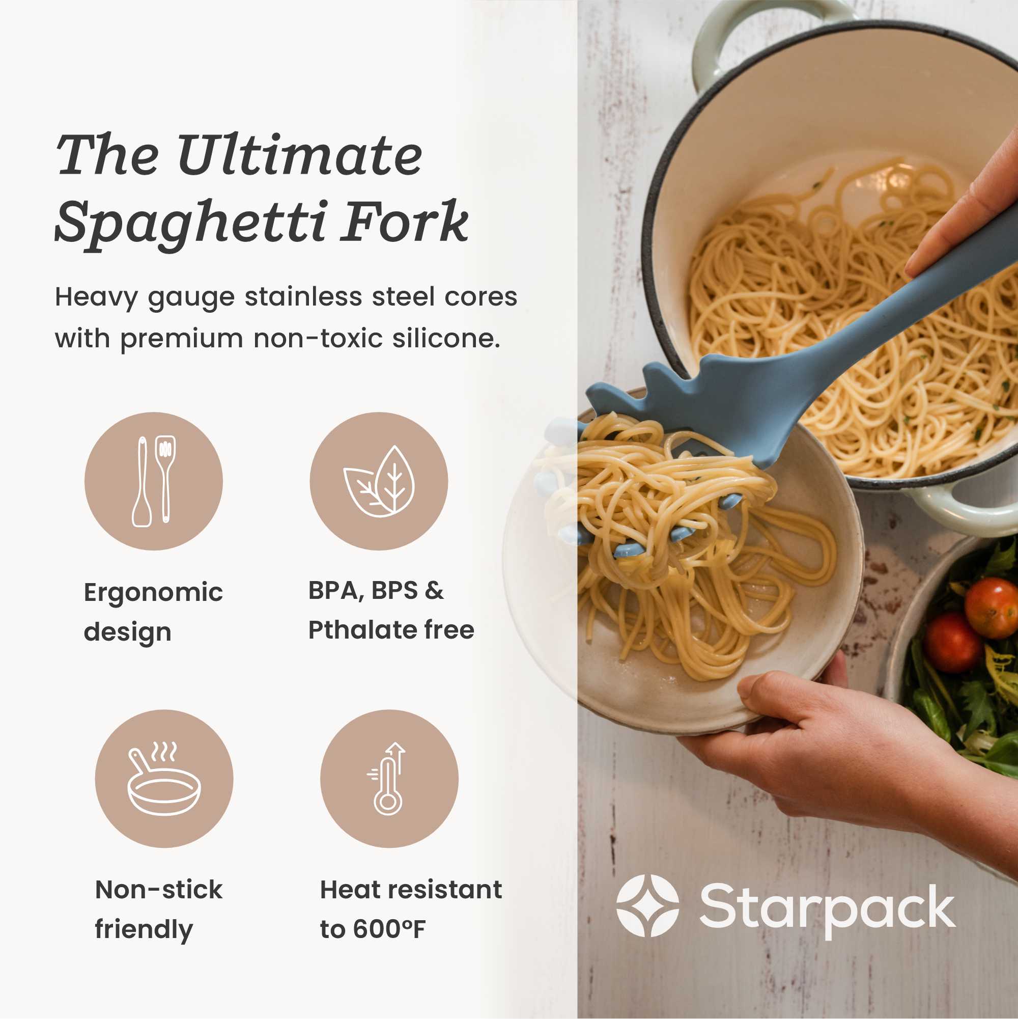 Starpack silicone pasta fork with long, flexible tines and a comfortable handle, perfect for serving and stirring pasta