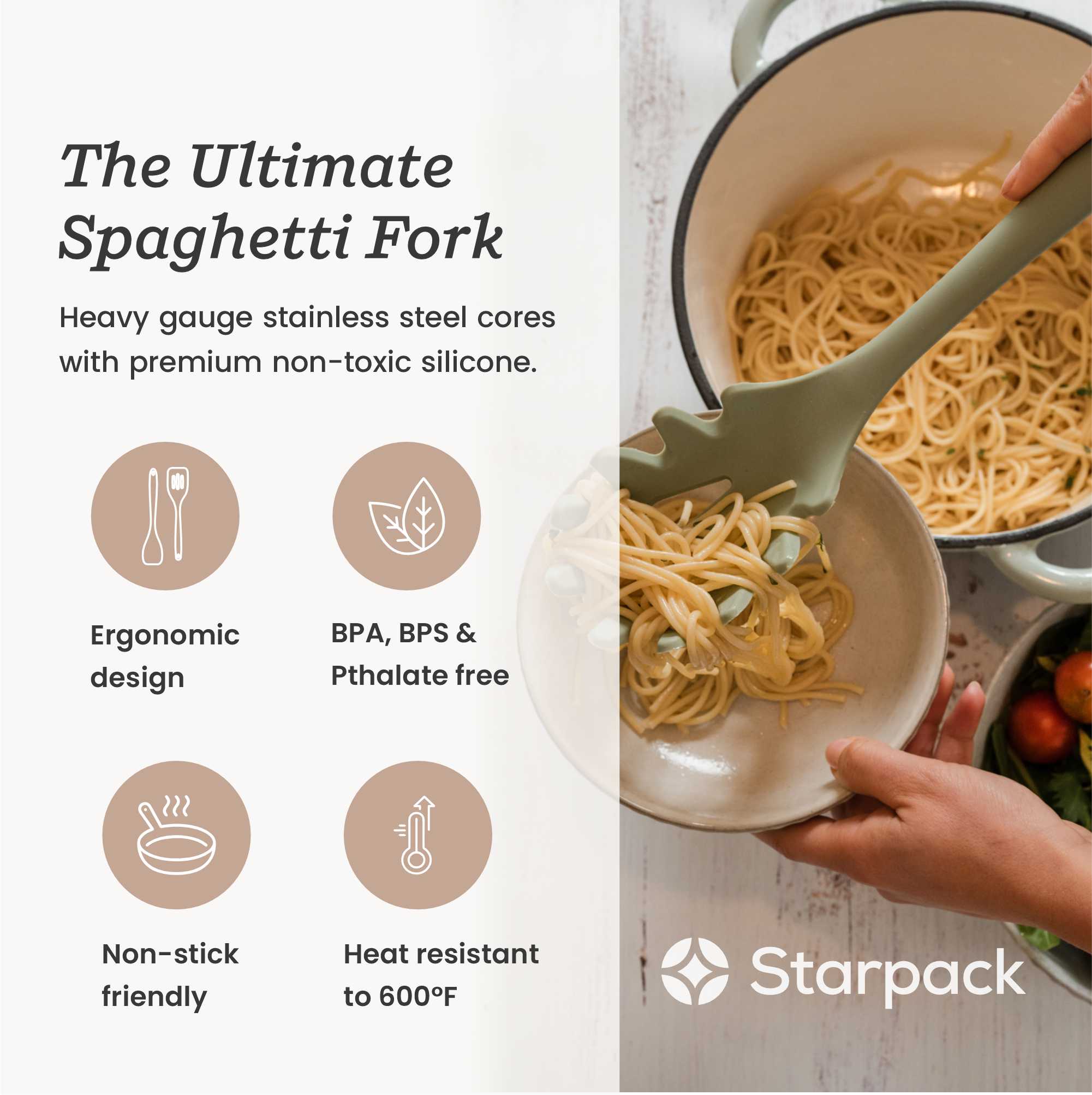 Starpack silicone pasta fork with long, flexible tines and a comfortable handle, perfect for serving and stirring pasta