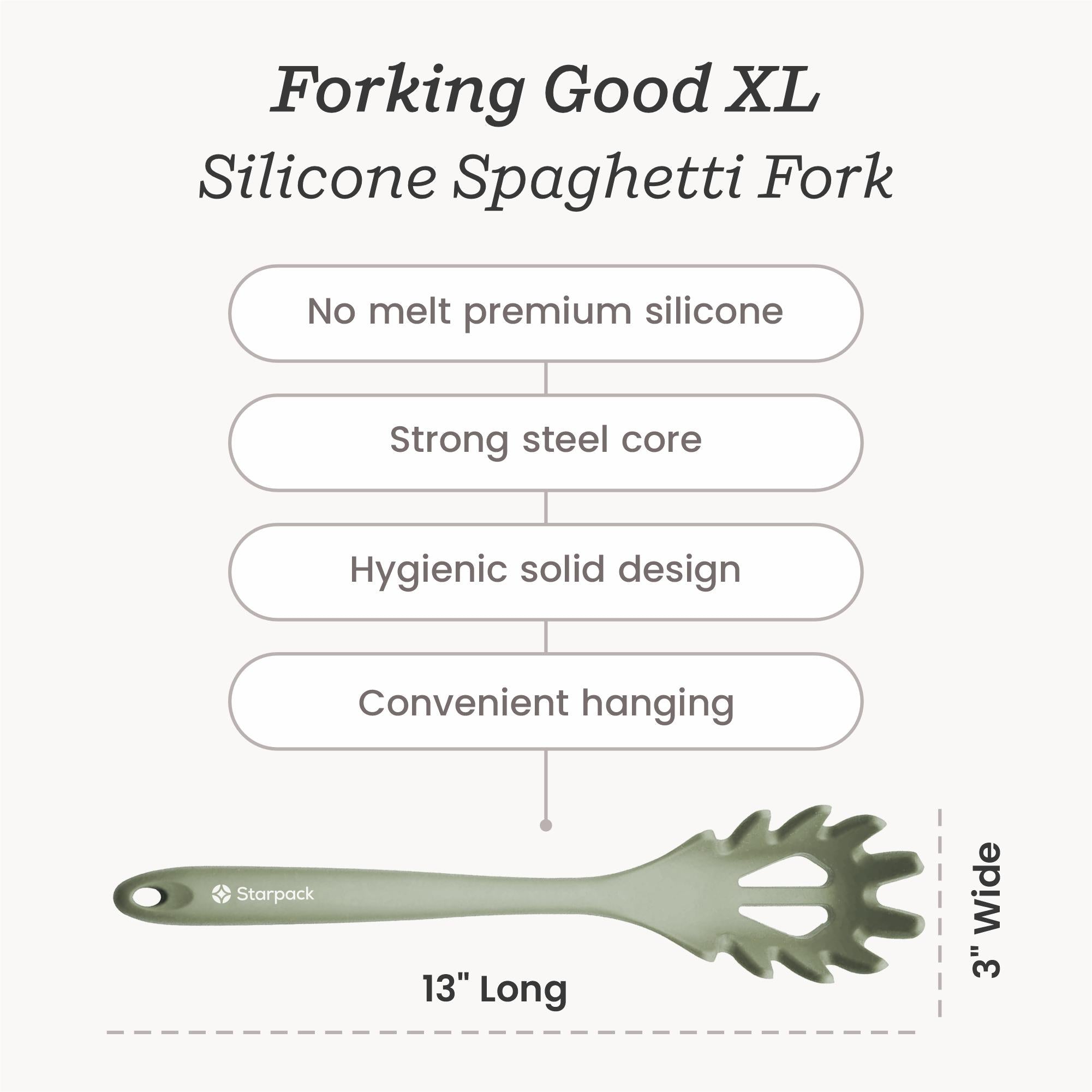 Starpack silicone pasta fork with long, flexible tines and a comfortable handle, perfect for serving and stirring pasta