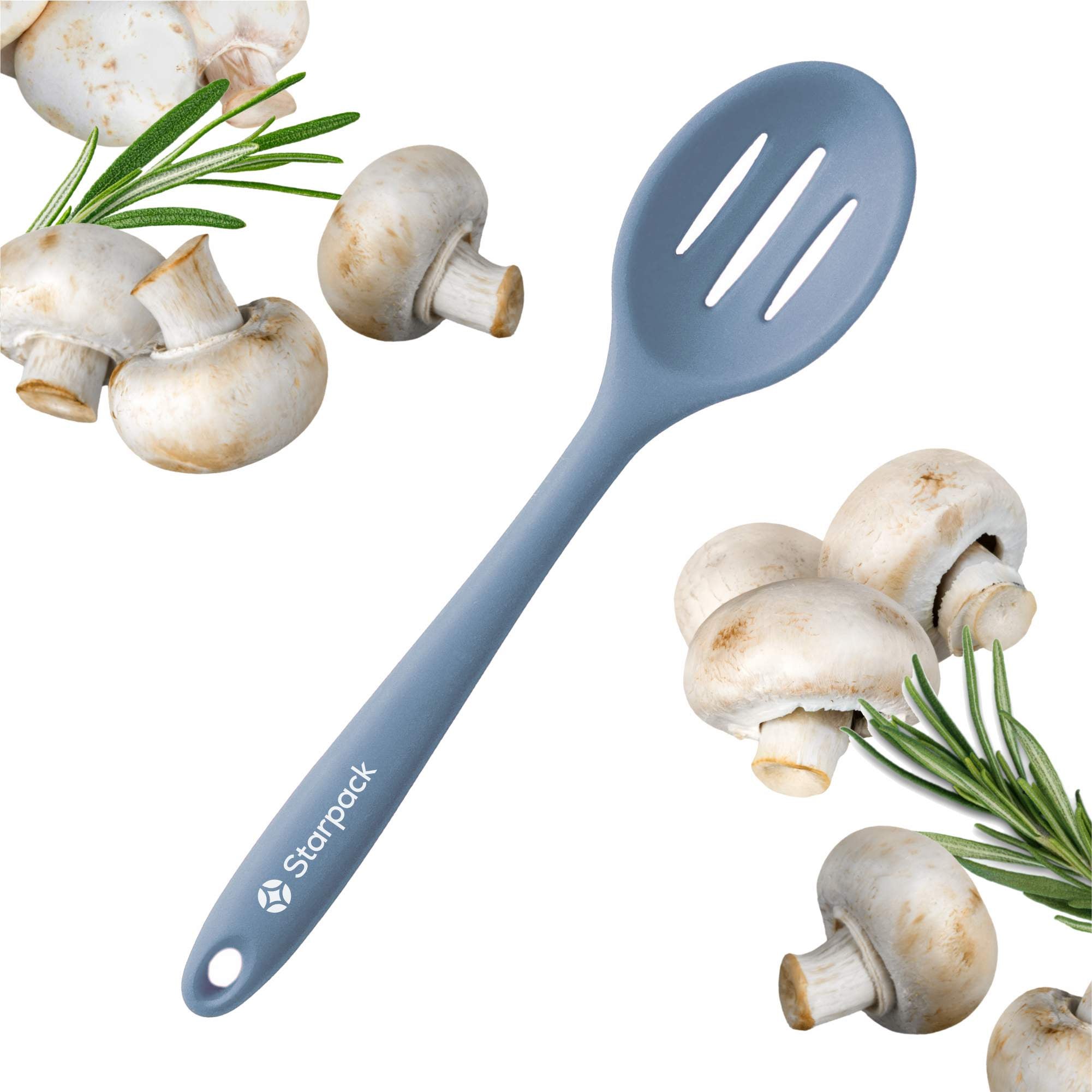 Starpack silicone slotted spoon with a perforated head for draining and a sturdy handle, ideal for serving and cooking.