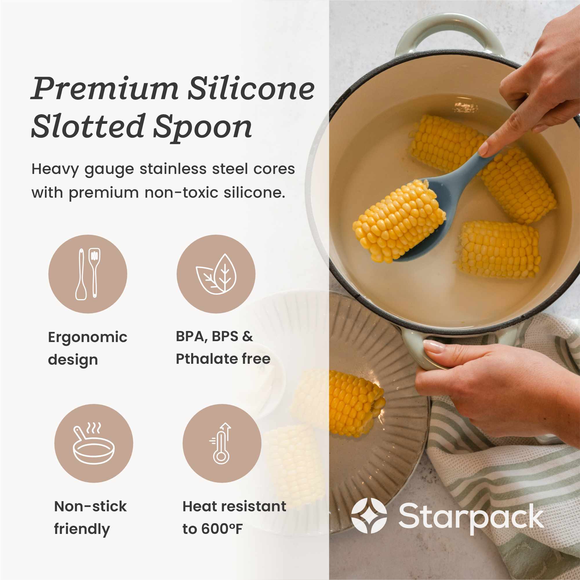 Starpack silicone slotted spoon with a perforated head for draining and a sturdy handle, ideal for serving and cooking.