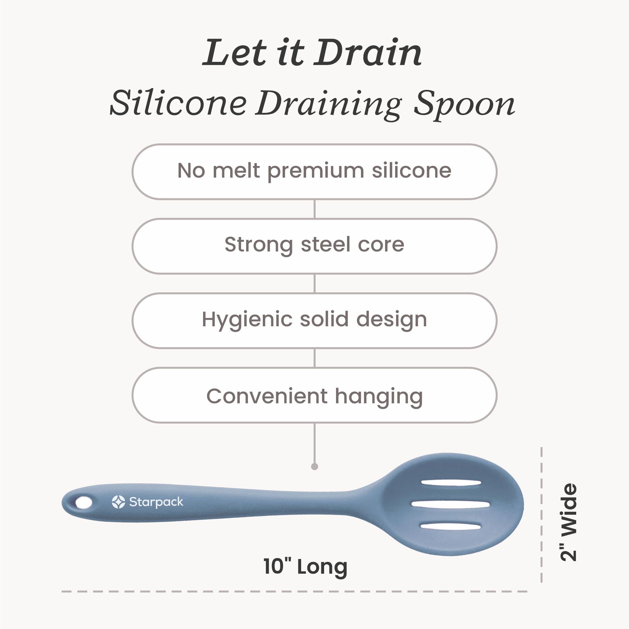 Starpack silicone slotted spoon with a perforated head for draining and a sturdy handle, ideal for serving and cooking.