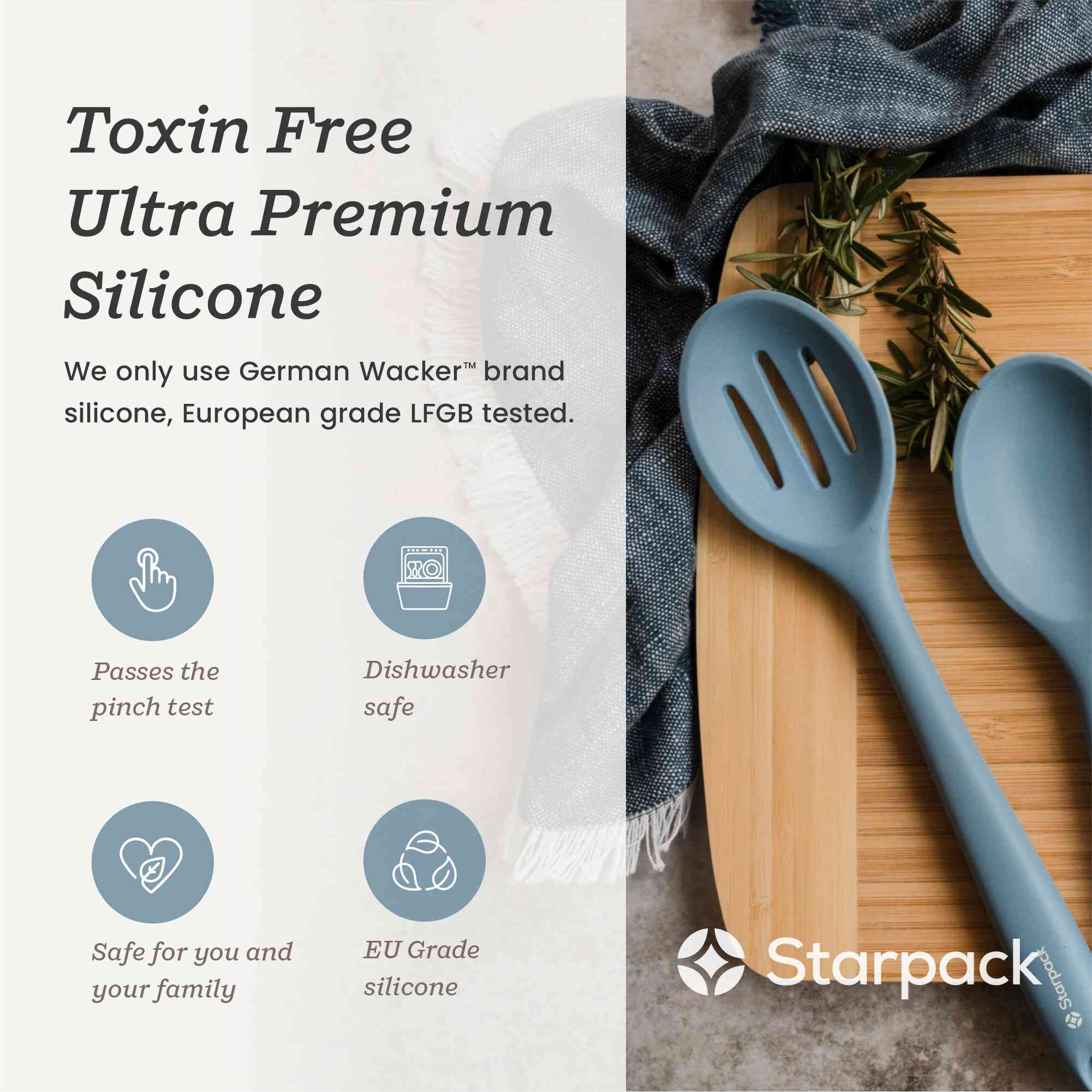 Starpack silicone slotted spoon with a perforated head for draining and a sturdy handle, ideal for serving and cooking.