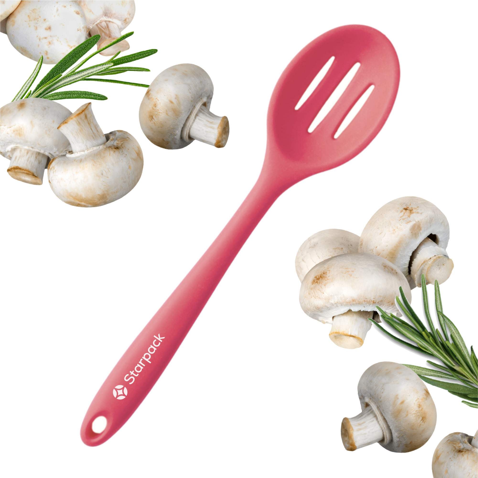Starpack silicone slotted spoon with a perforated head for draining and a sturdy handle, ideal for serving and cooking.