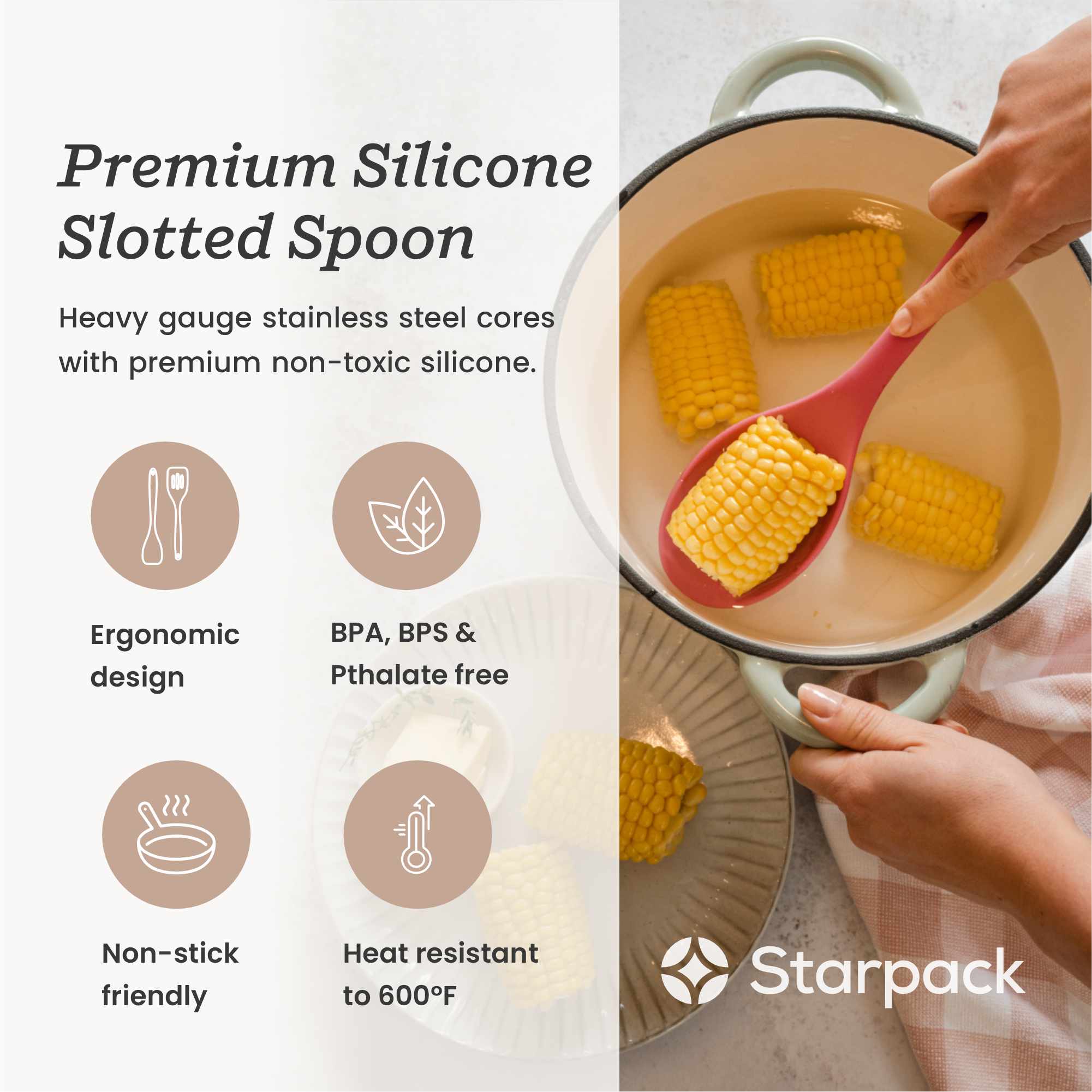 Starpack silicone slotted spoon with a perforated head for draining and a sturdy handle, ideal for serving and cooking.